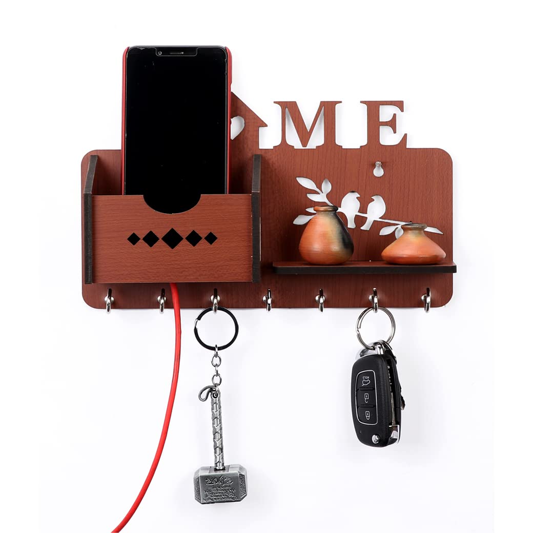 Home Design Mobile Charging Box Wooden Key Holder (Dark Brown)