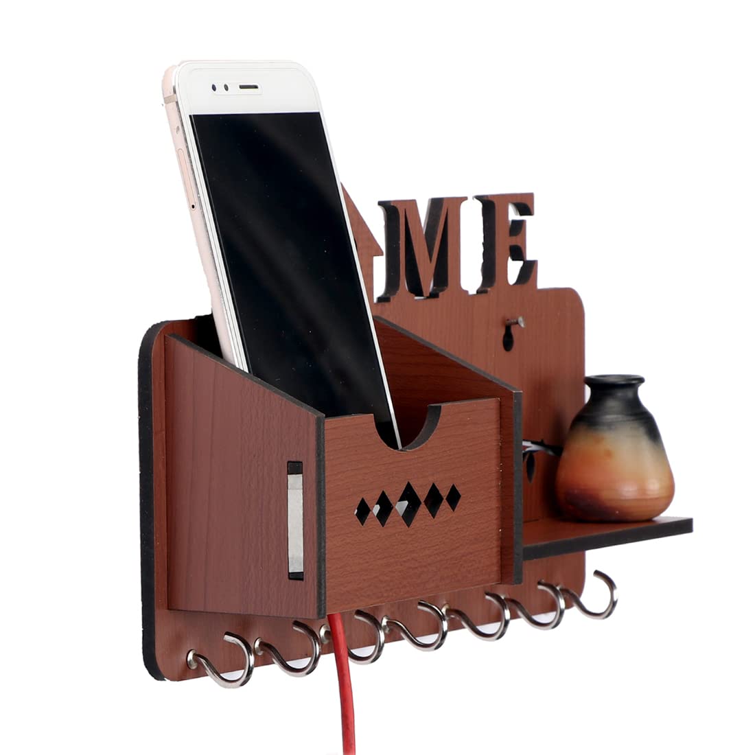 Home Design Mobile Charging Box Wooden Key Holder (Dark Brown)