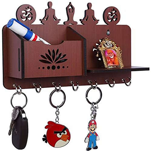 Yoga Pose Mobile Charging Box Wooden Key Holder (Dark Brown)