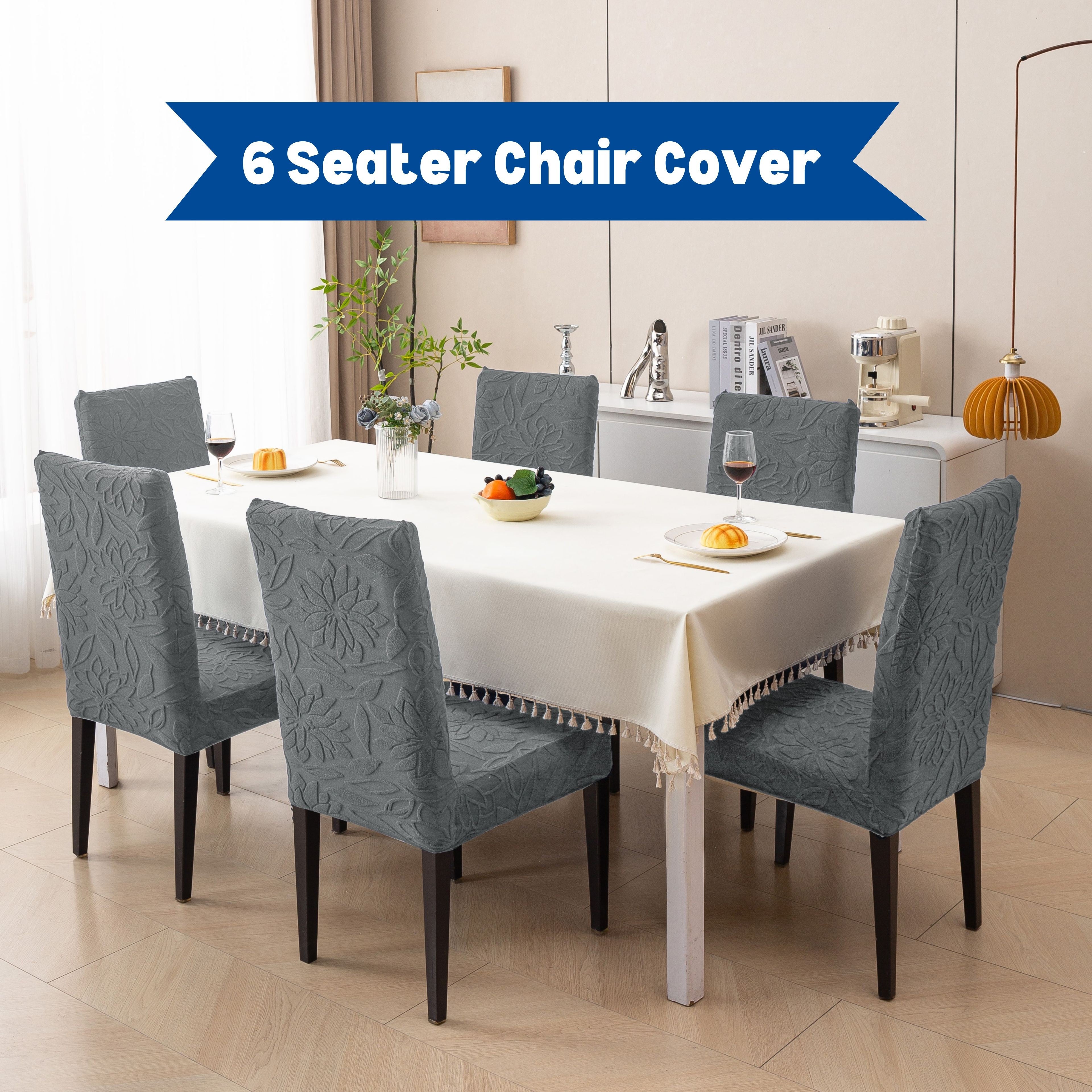 Premium 6 Seater Chair Cover Set - 220 GSM Knitted Jacquard, Floral Textured Elastic Slipcovers (Grey)
