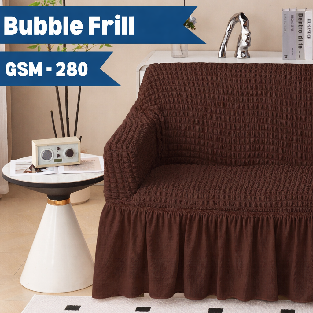 Premium Bubble Frill 3+1+1 Seater Sofa Cover Set - High Stretch Textured Fabric (Brown)