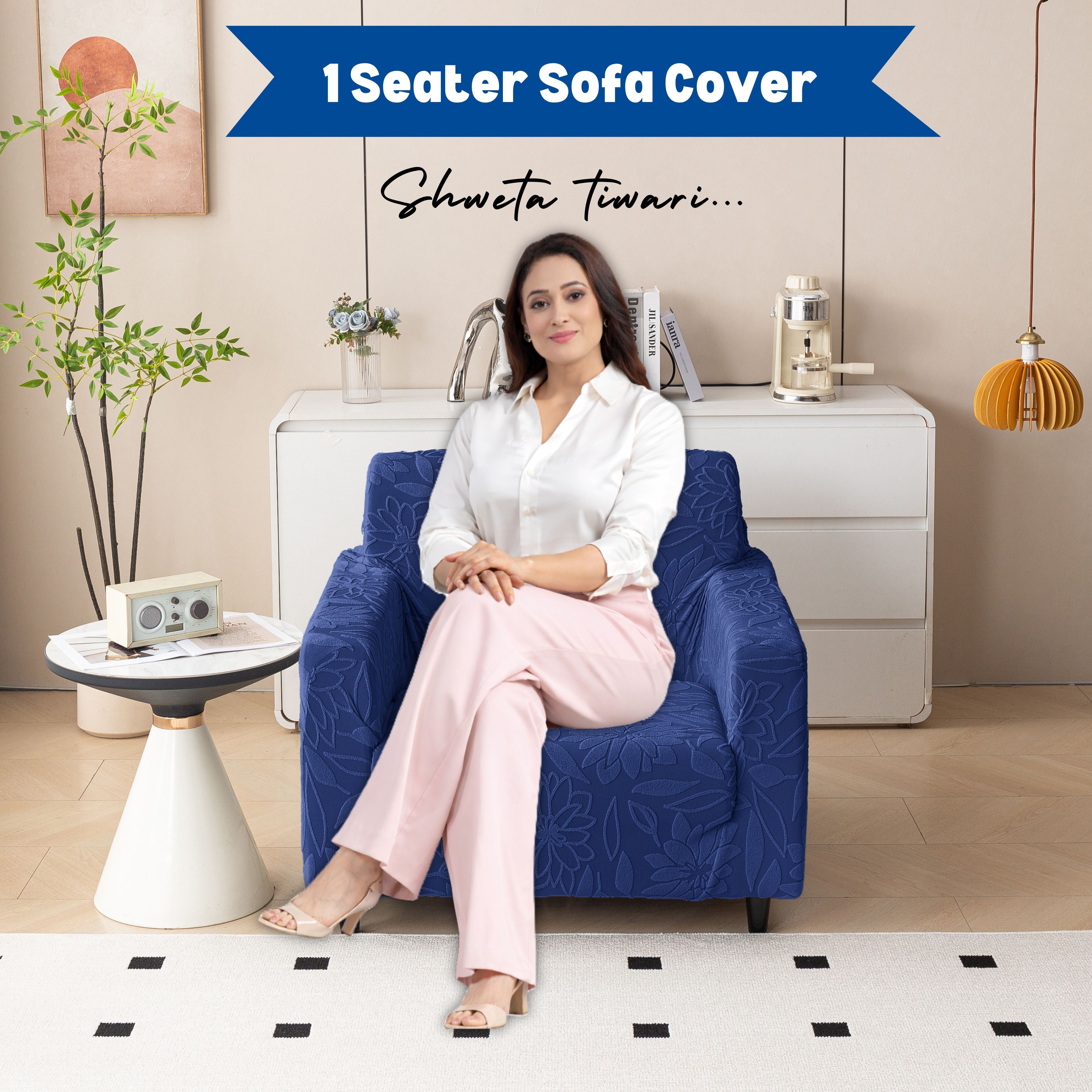 Premium 1 Seater Sofa Cover - Knitted Jacquard, Floral Textured Elastic Slipcover (Navy Blue)