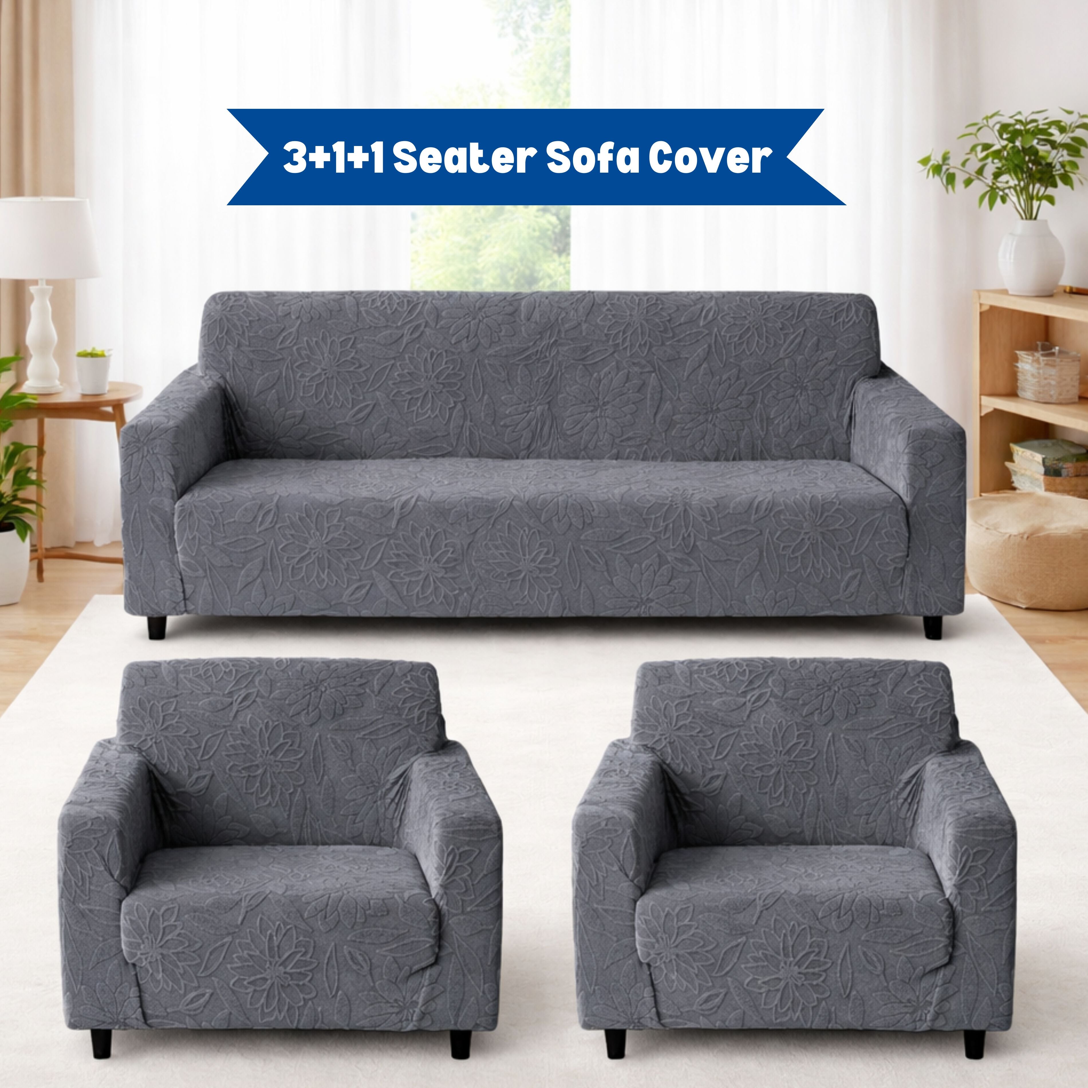 Premium 3+1+1 Seater Sofa Cover Set - Knitted Jacquard, Floral Textured Elastic Slipcovers (Grey)