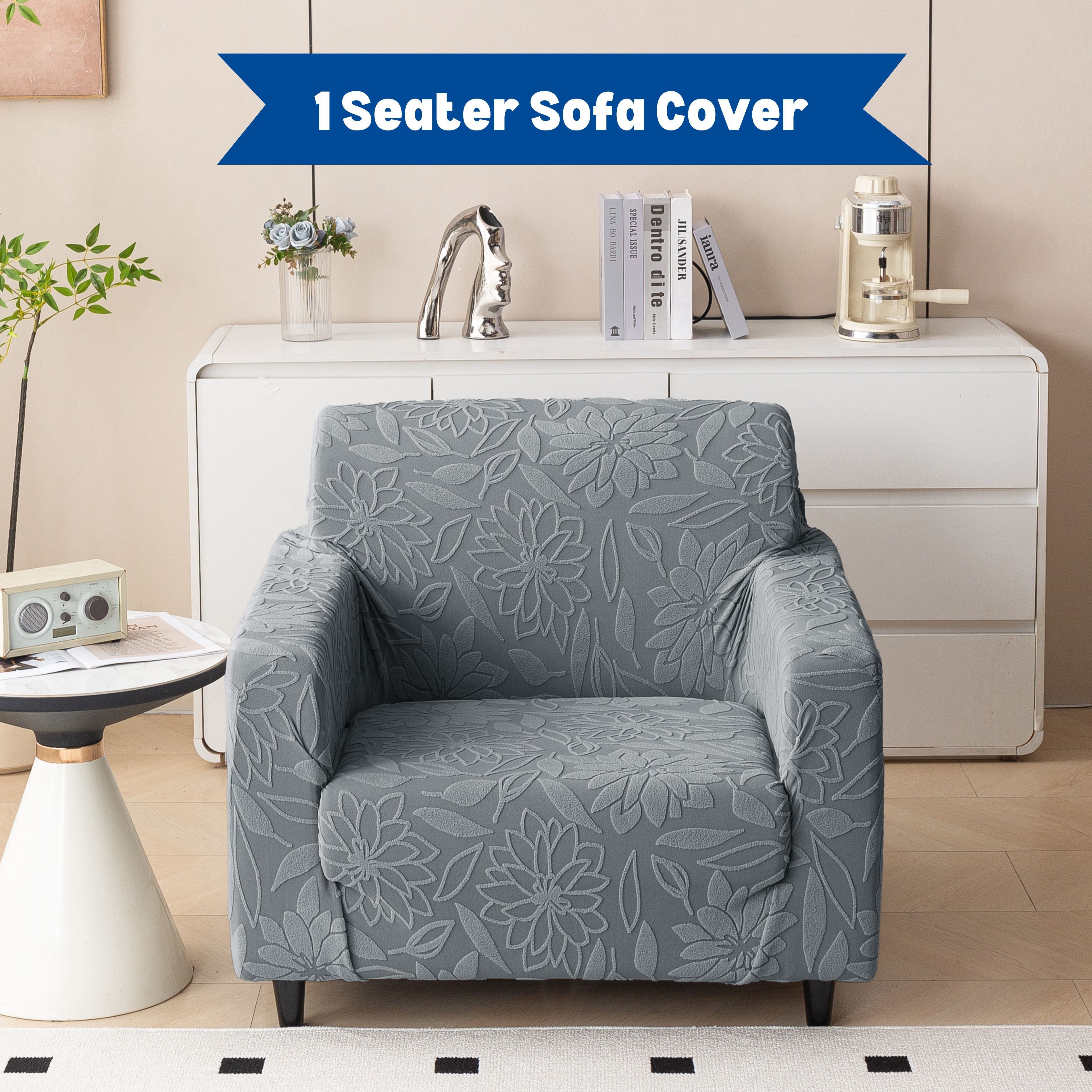 Premium 1 Seater Sofa Cover - Knitted Jacquard, Floral Textured Elastic Slipcover (Grey)