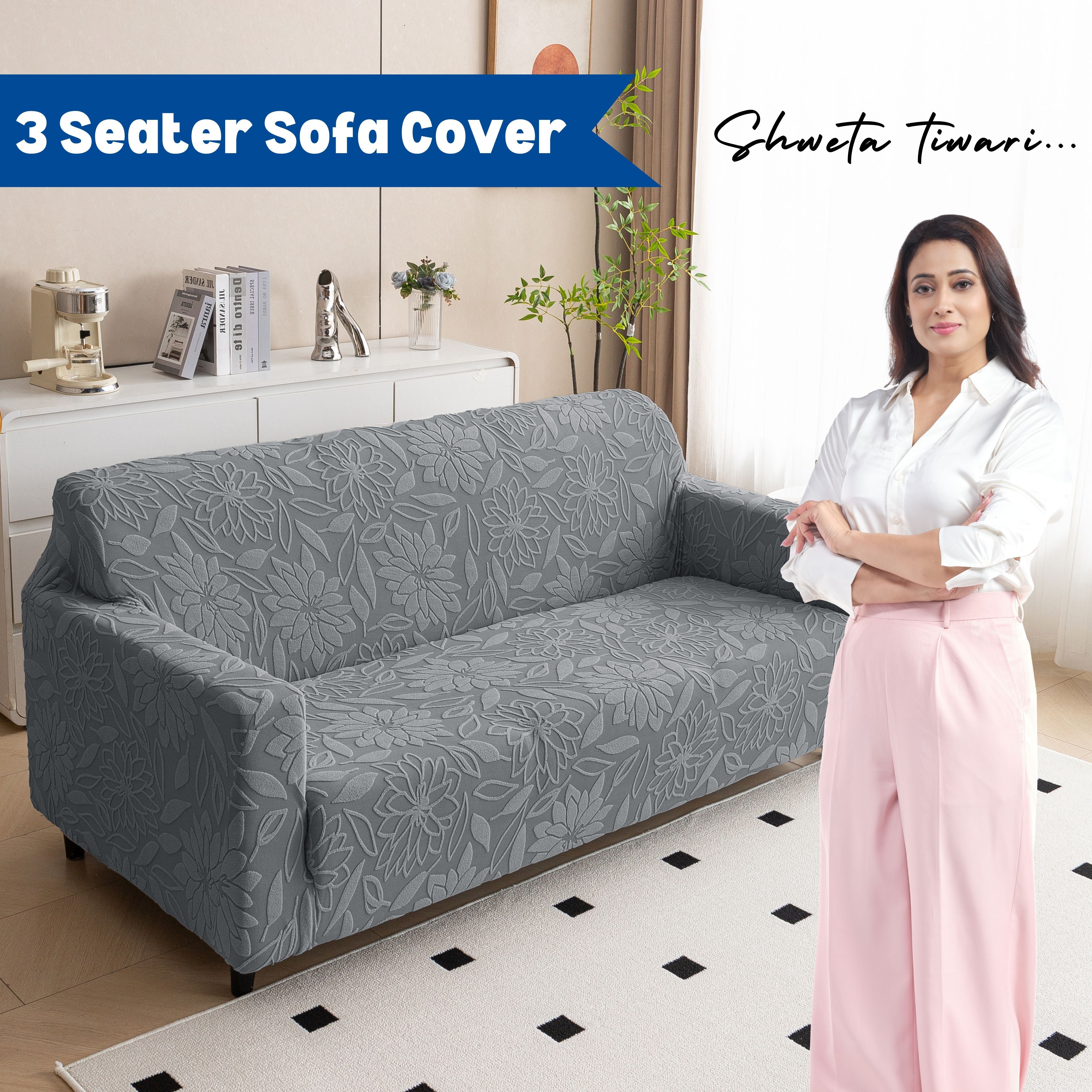 Premium 3 Seater Sofa Cover - Knitted Jacquard, Floral Textured Elastic Slipcover (Grey)