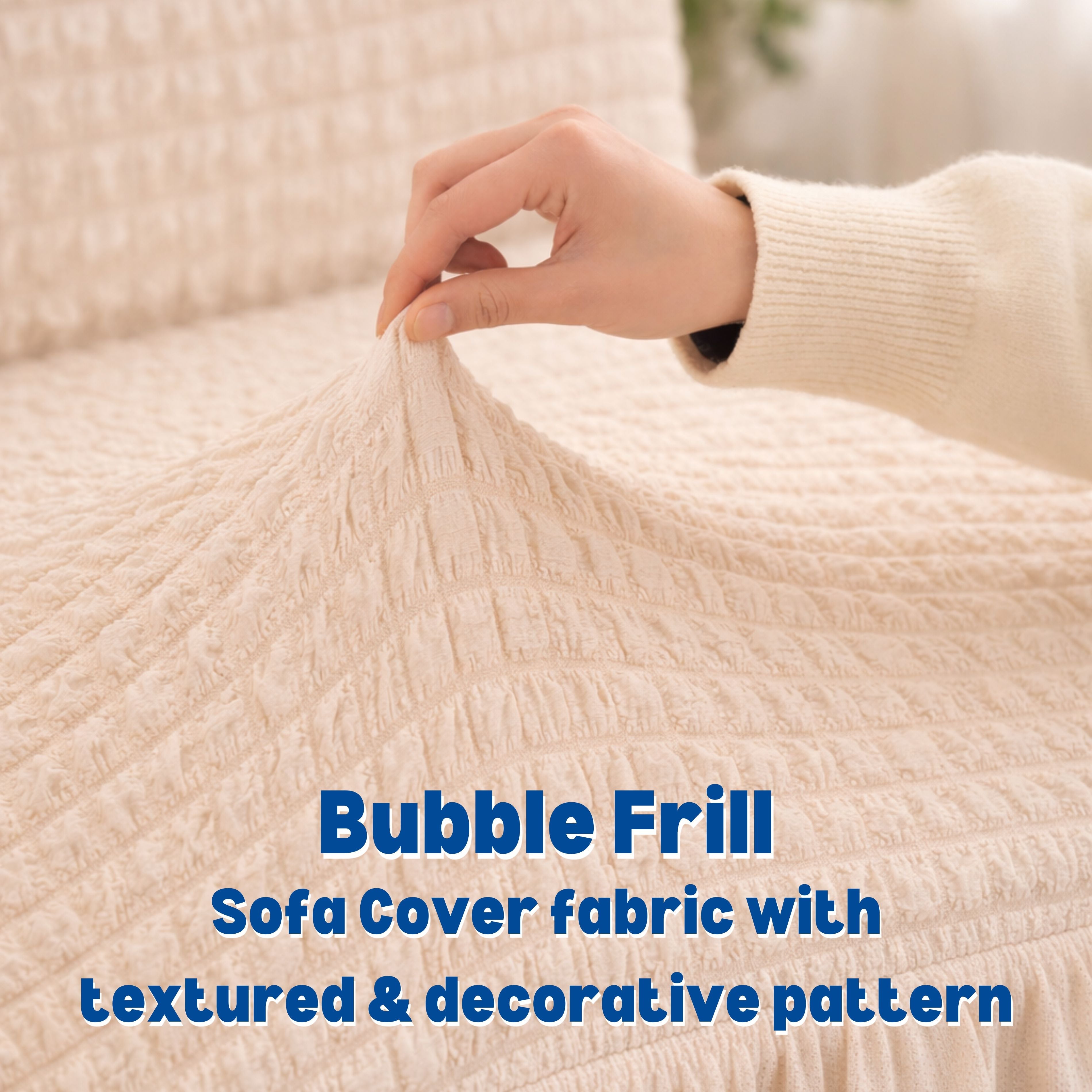 Premium Bubble Frill 3+1+1 Seater Sofa Cover Set - High Stretch Textured Fabric (Beige)