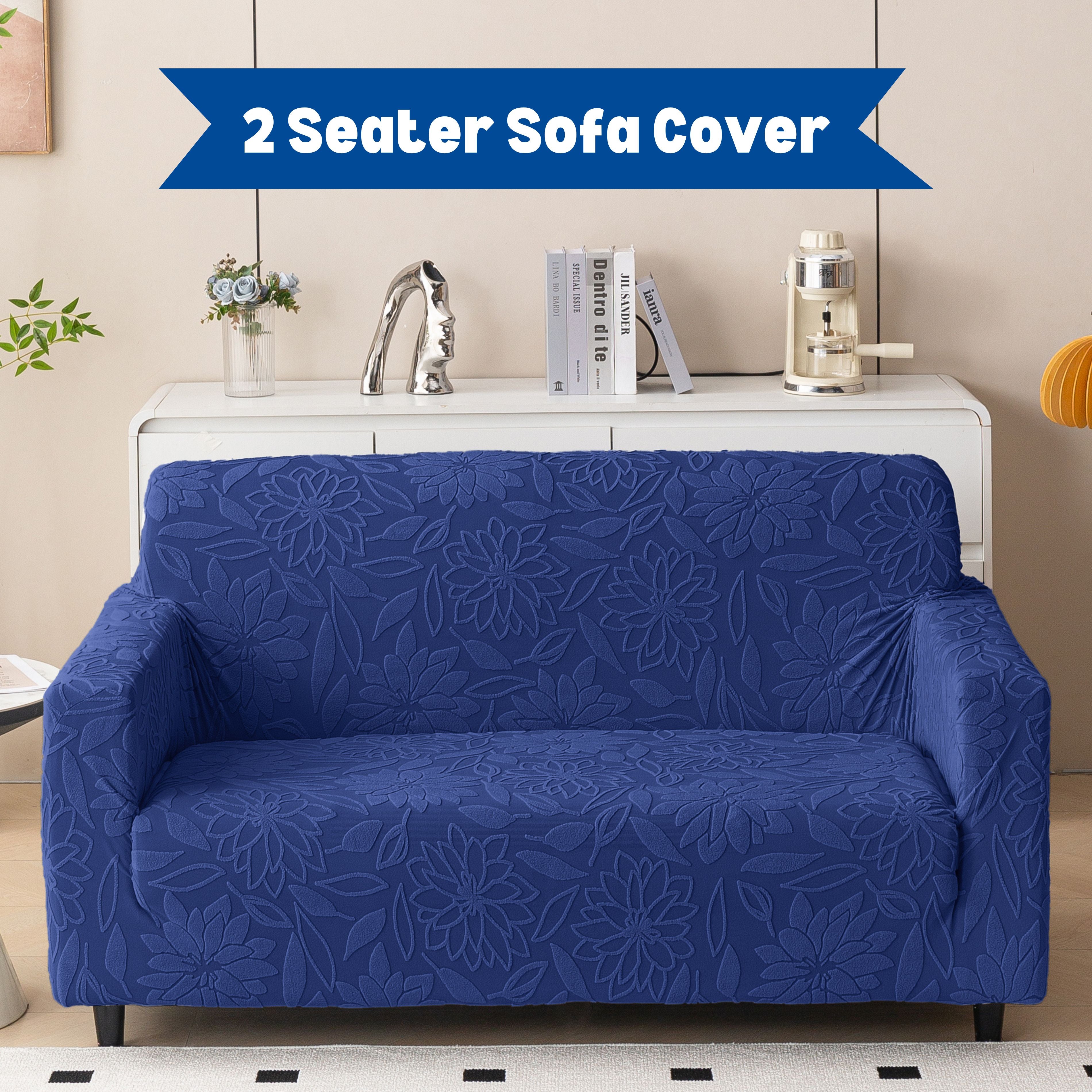 Premium 2 Seater Sofa Cover - Knitted Jacquard, Floral Textured Elastic Slipcover (Navy Blue)