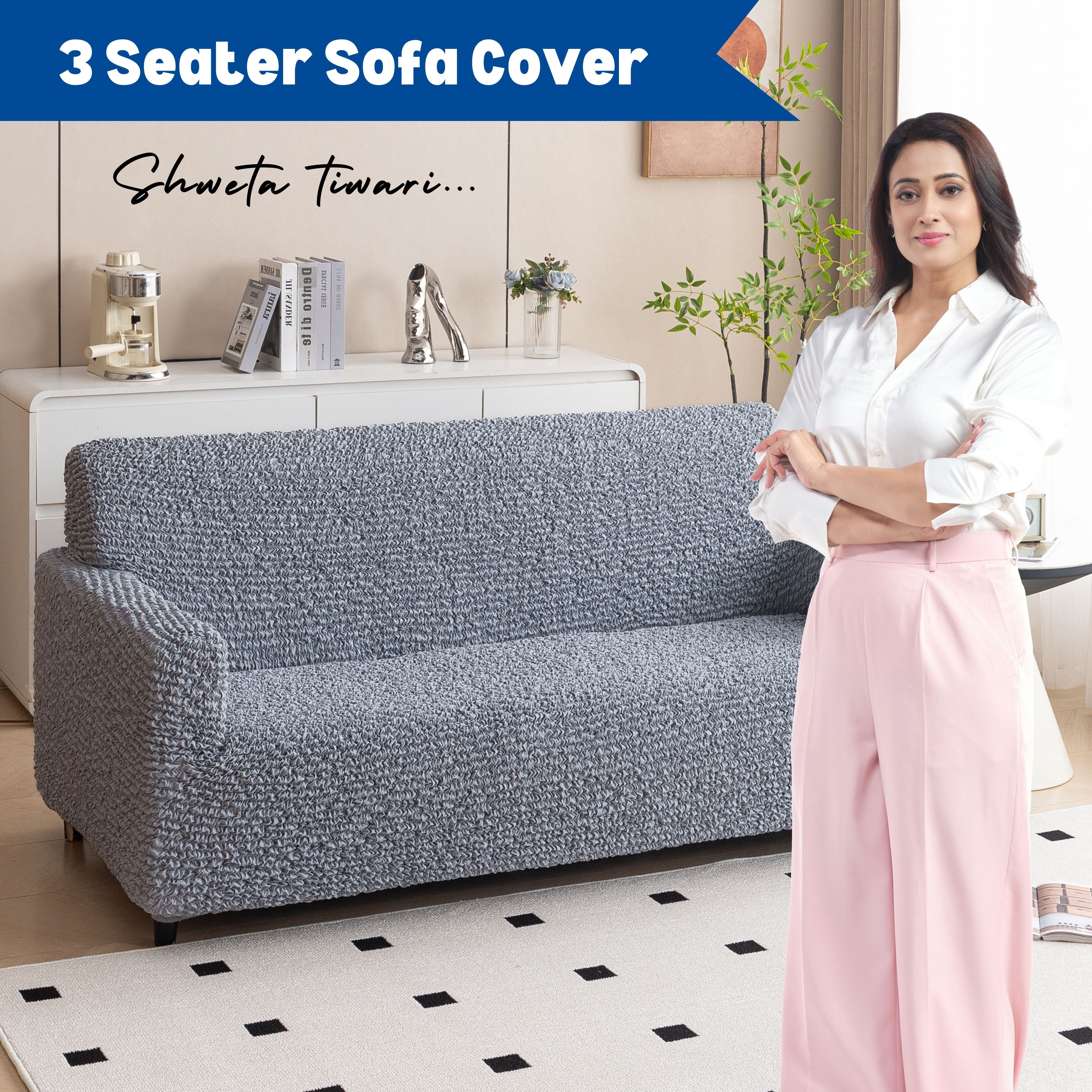 Premium 3 Seater Sofa Cover - Microfiber Stretchable Italian Textured Couch Slipcover (Grey)