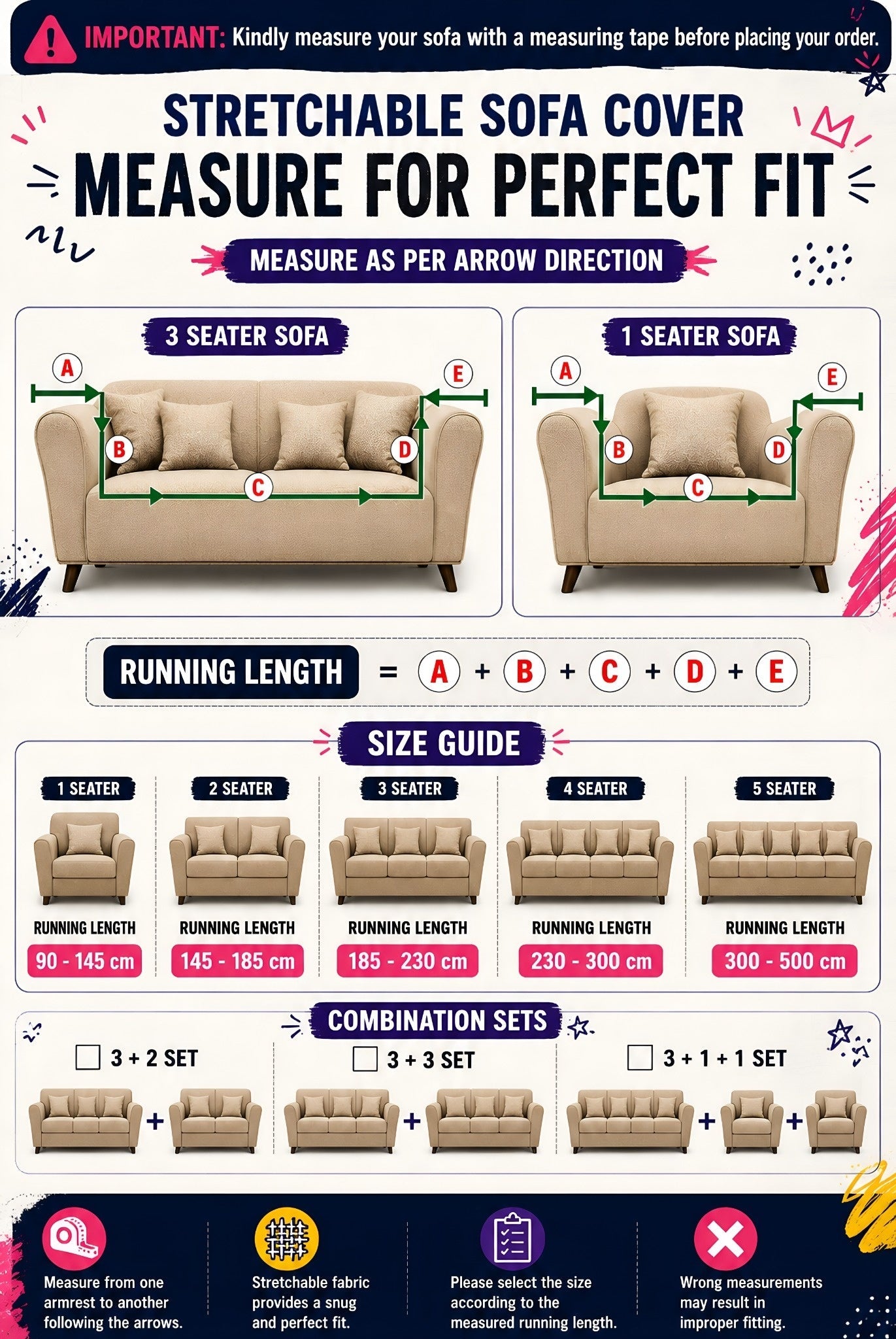 Blend Geometric Stretchable Sofa Cover – 3 Seater Elastic Slipcover, Anti-Slip Polyester Protector