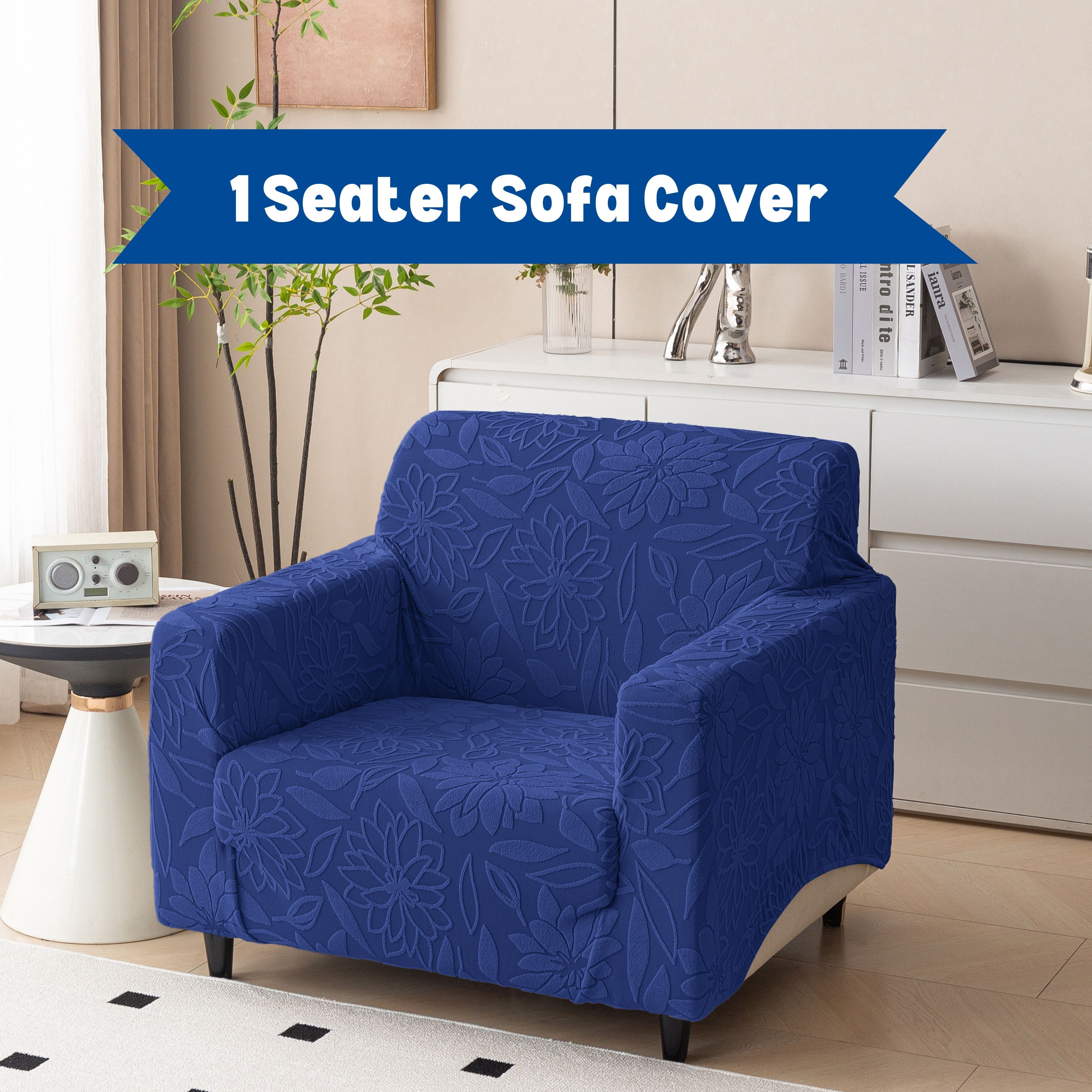 Premium 1 Seater Sofa Cover - Knitted Jacquard, Floral Textured Elastic Slipcover (Navy Blue)