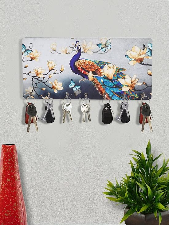 Peacock Print Wooden key Holder
