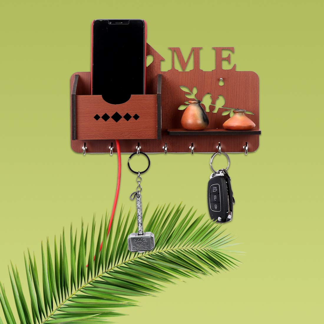 Home Design Mobile Charging Box Wooden Key Holder (Dark Brown)