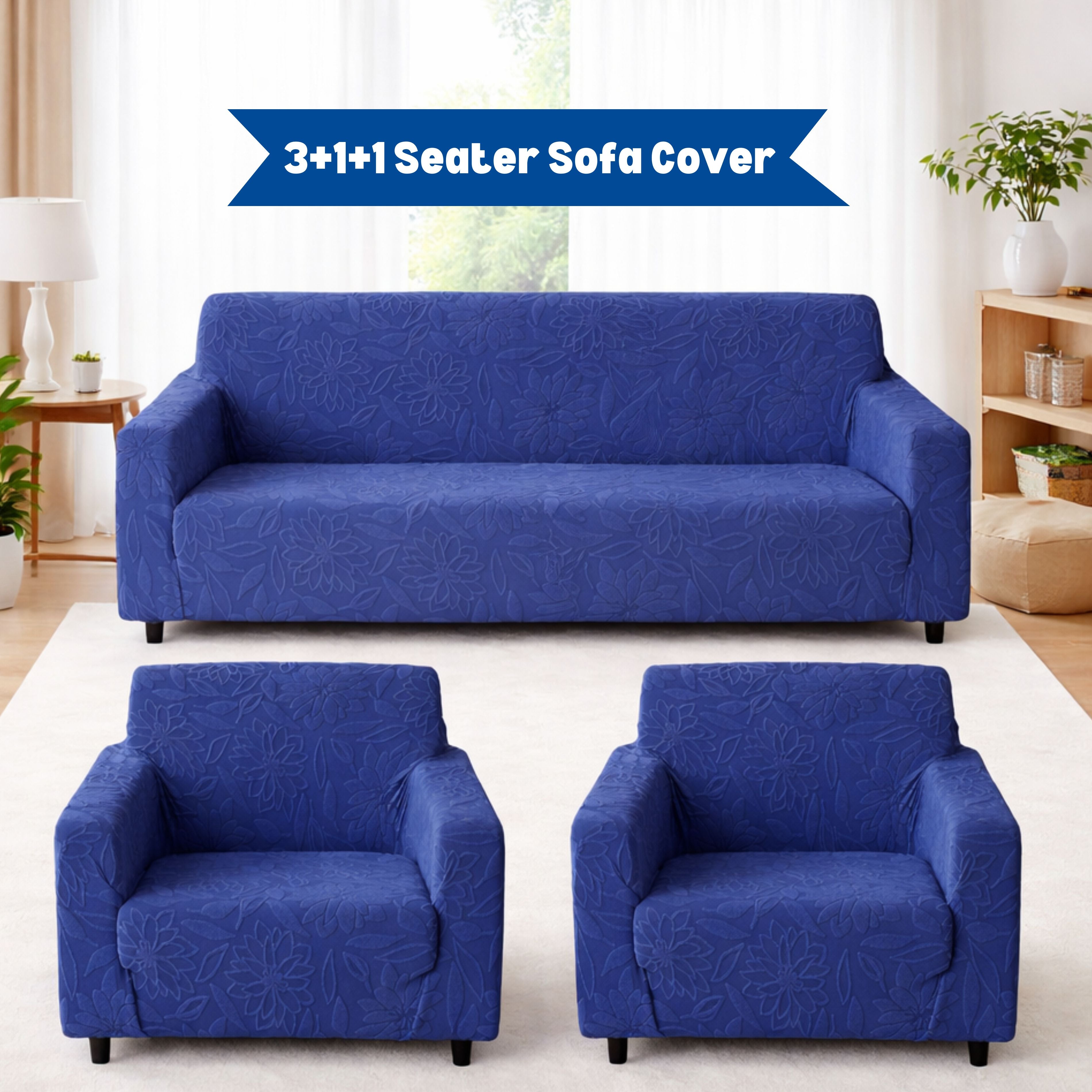 Premium 3+1+1 Seater Sofa Cover Set - Knitted Jacquard, Floral Textured Elastic Slipcovers (Navy Blue)