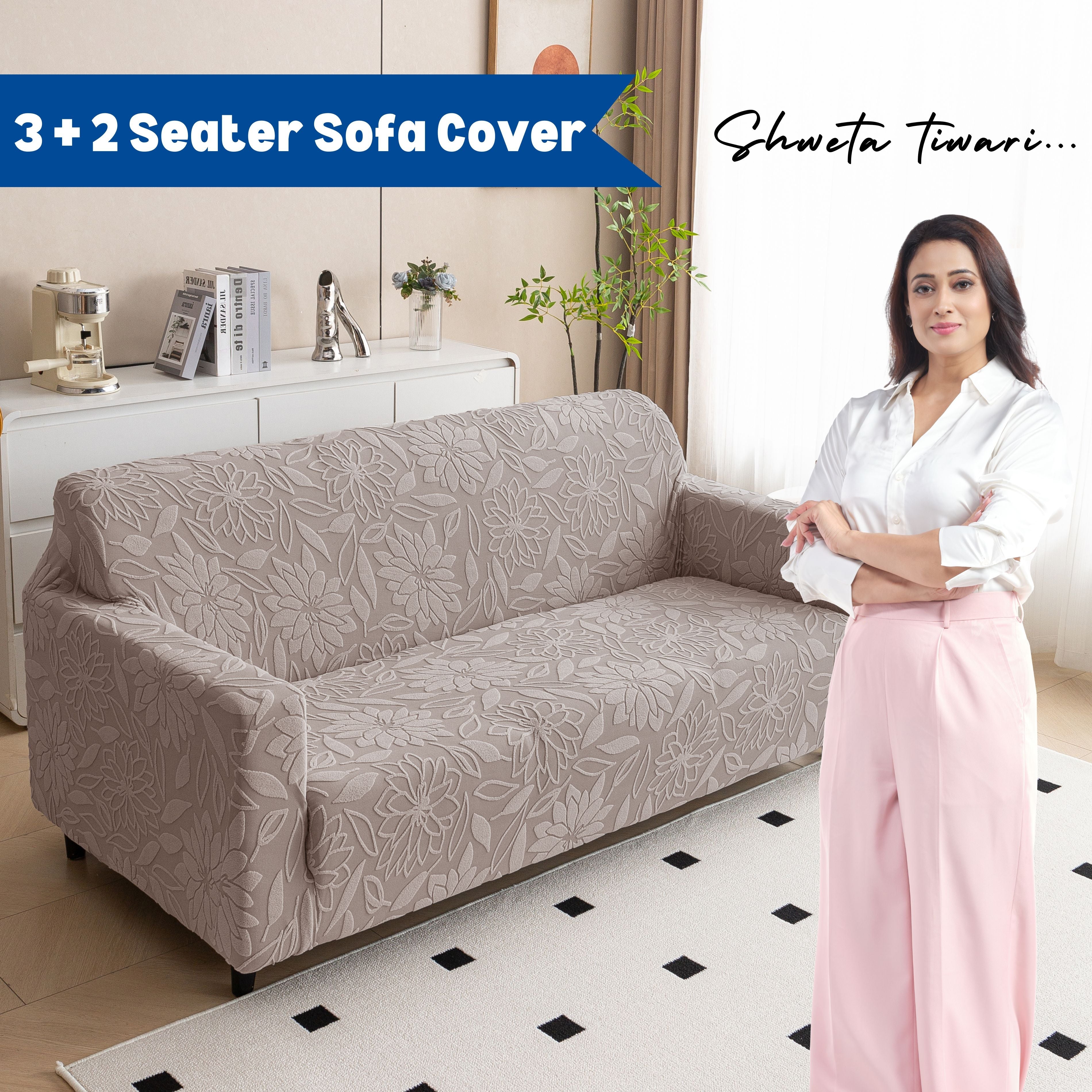 Premium 3+2 Seater Sofa Cover Set - Knitted Jacquard, Floral Textured Elastic Slipcovers (Brown)