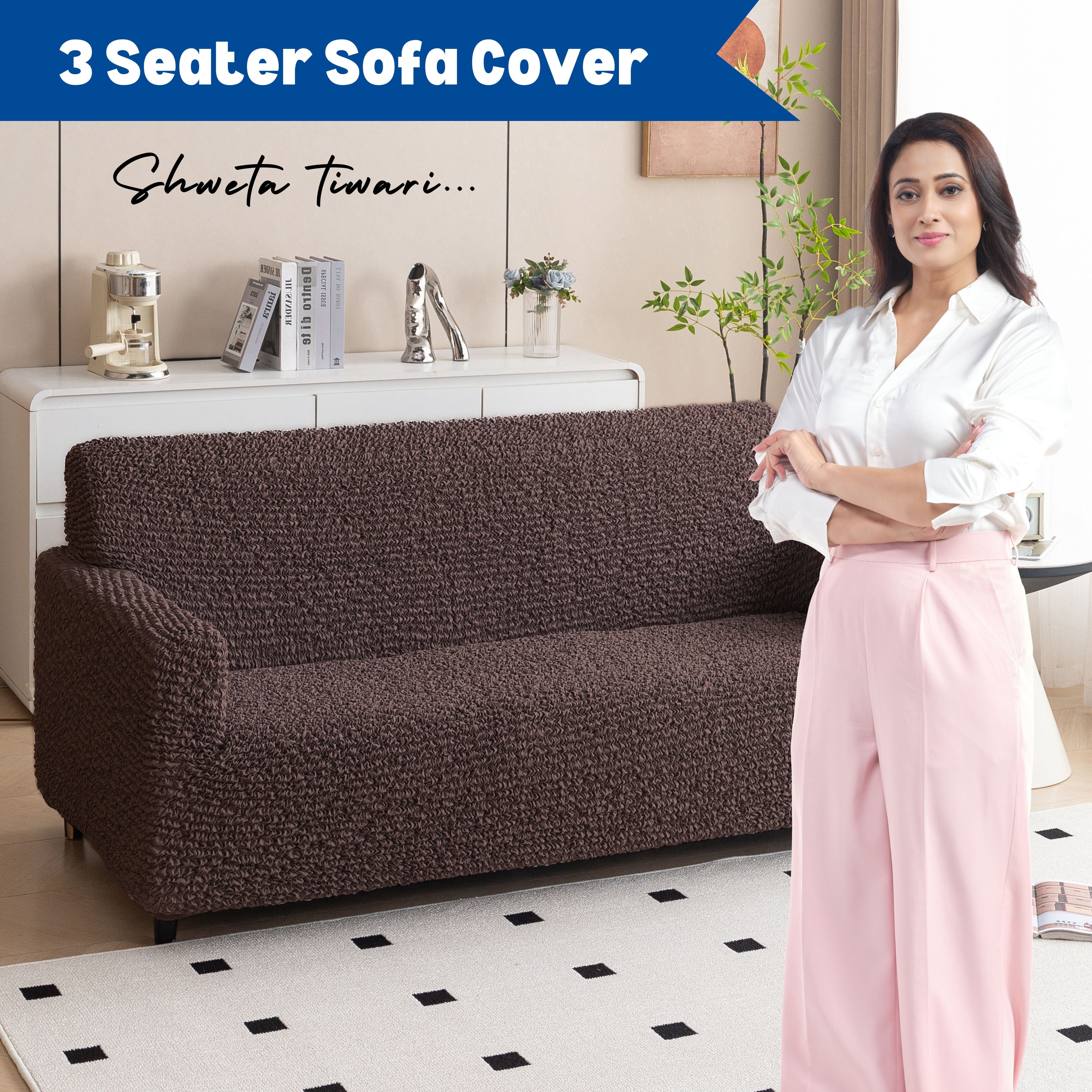 Premium 3 Seater Sofa Cover - Microfiber Stretchable Italian Textured Couch Slipcover (Brown)