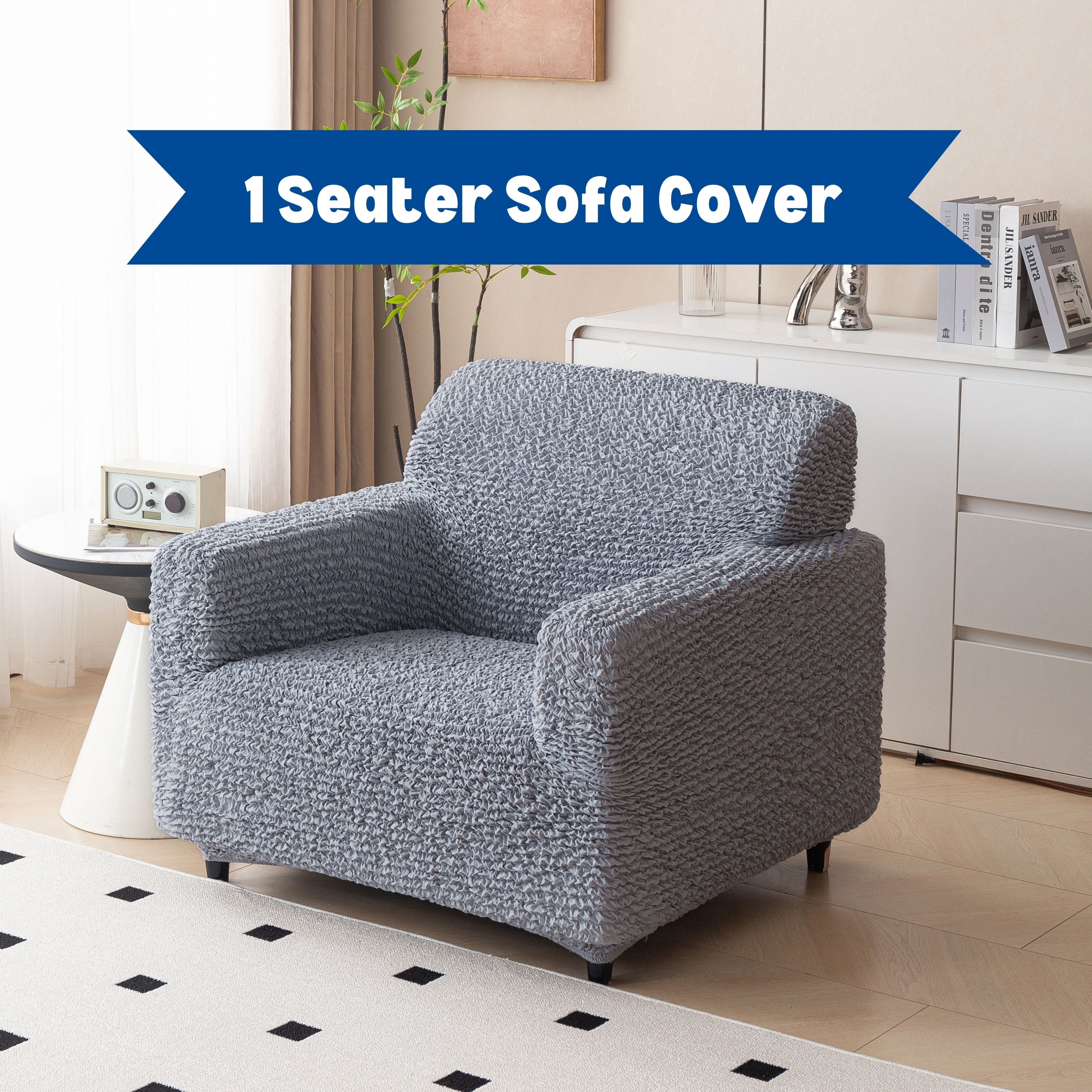 Premium 1 Seater Sofa Cover - Microfiber Stretchable Italian Textured Armchair Slipcover (Grey)