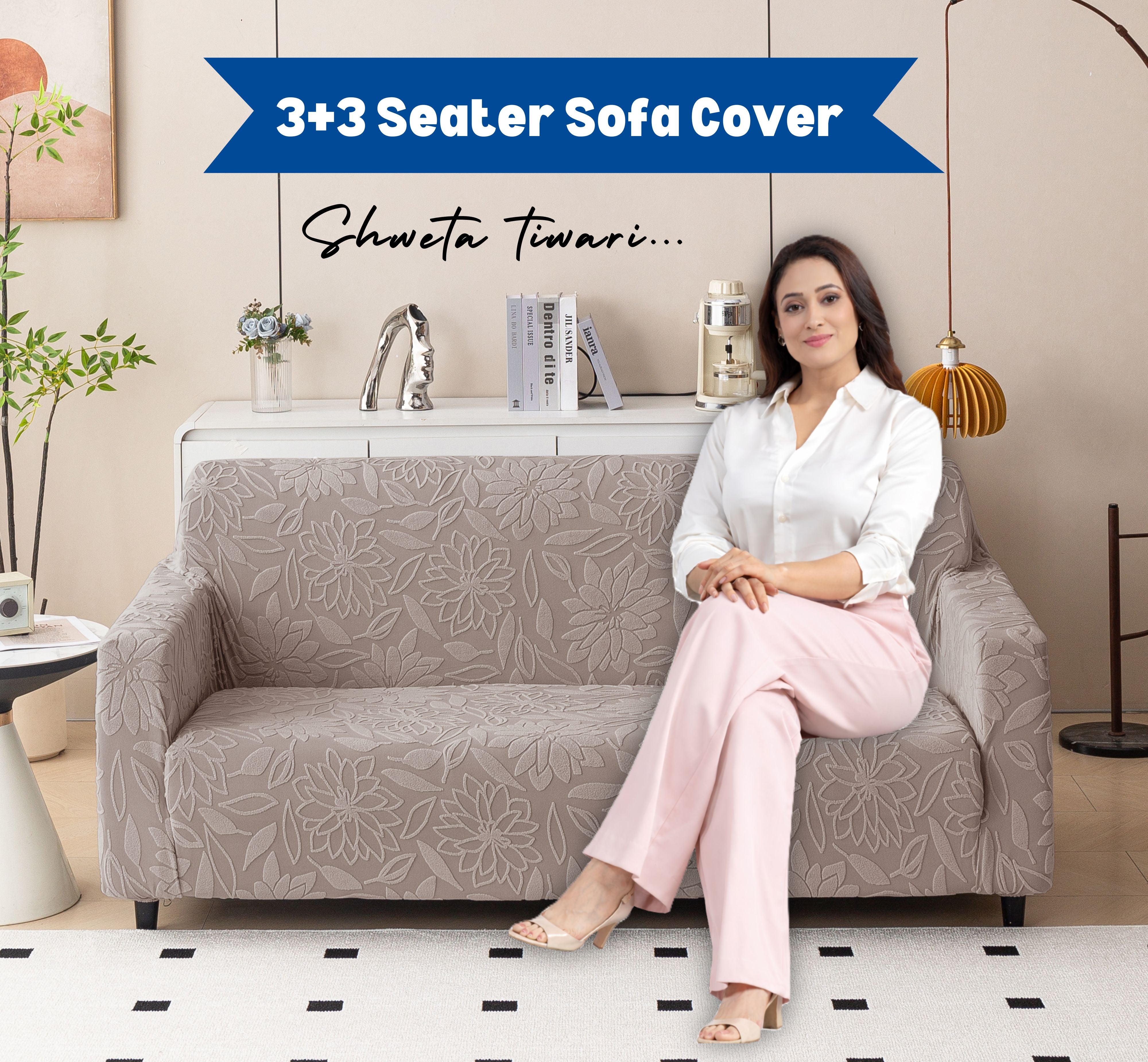 Premium 3+3 Seater Sofa Cover Set - Knitted Jacquard, Floral Textured Elastic Slipcovers (Brown)