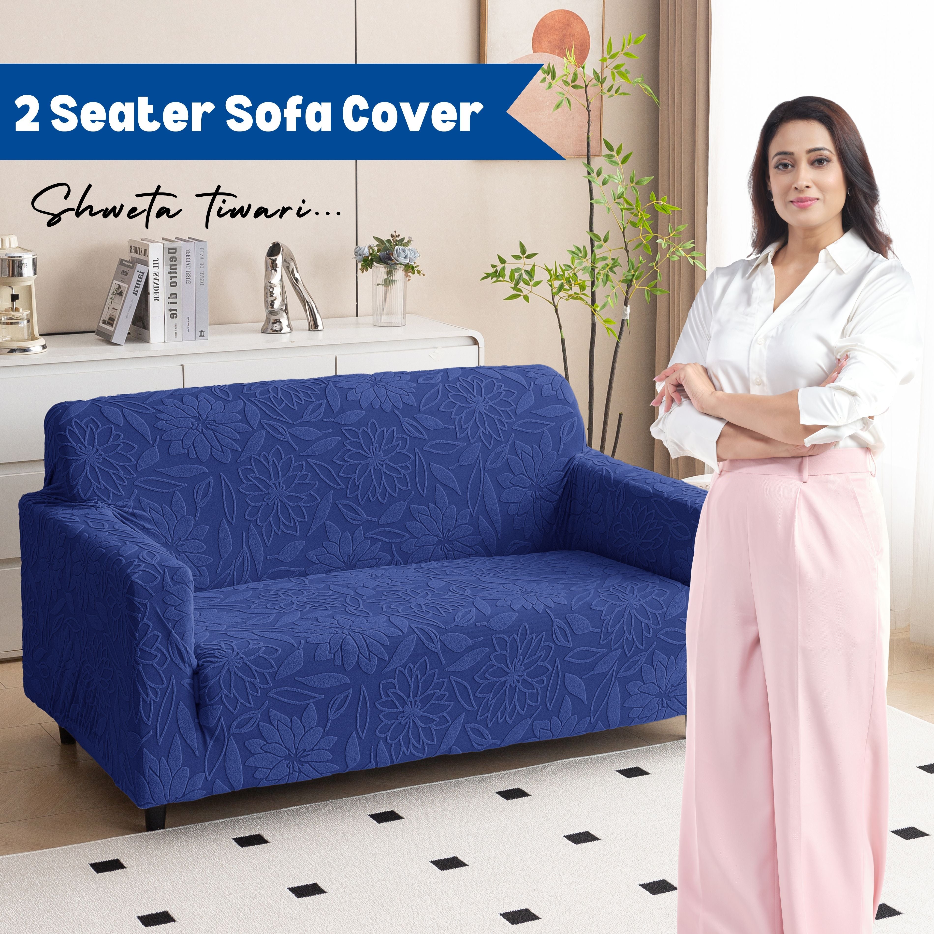 Premium 2 Seater Sofa Cover - Knitted Jacquard, Floral Textured Elastic Slipcover (Navy Blue)