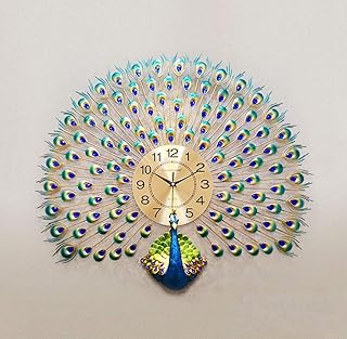 Peacock Wall Clock Crystal Luxury Living Room Creative Personality Art, Metal, Blue, Birds, 7W x 72H Centimeters,Analog (Peacock) Wall Clock