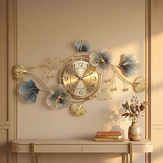 Wall Clock for Home Décor | Golden Floral Metal Artwork with Blue Accents | Silent Non-Ticking Design Wall Clock