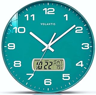 Non-Ticking Silent Wall Clock with LCD Display for Perpetual Calendar and Temperature,Analog,Digital,Fibreglass (Green) Wall Clock