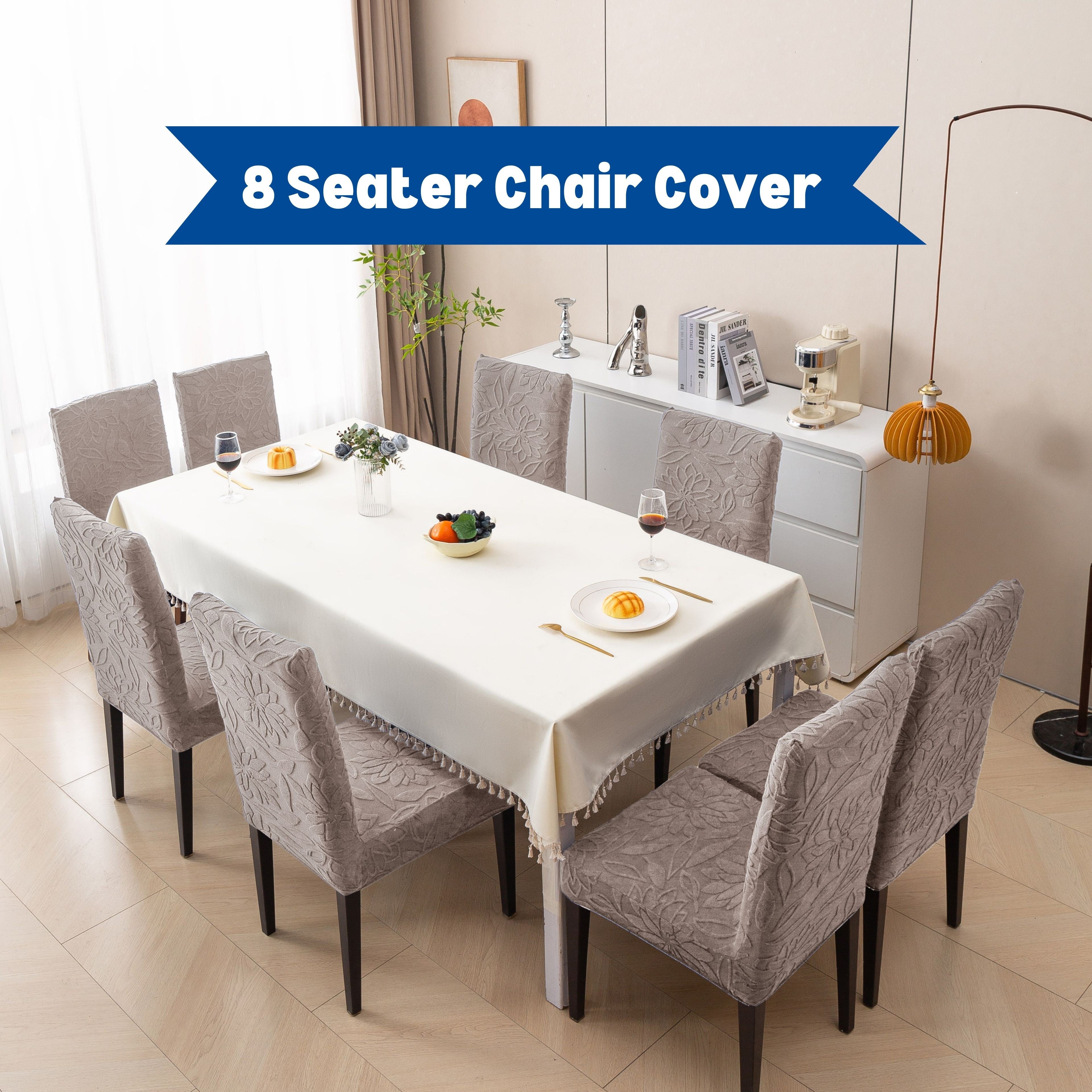 Premium 8 Seater Chair Cover Set - 220 GSM Knitted Jacquard, Floral Textured Elastic Slipcovers (Brown)