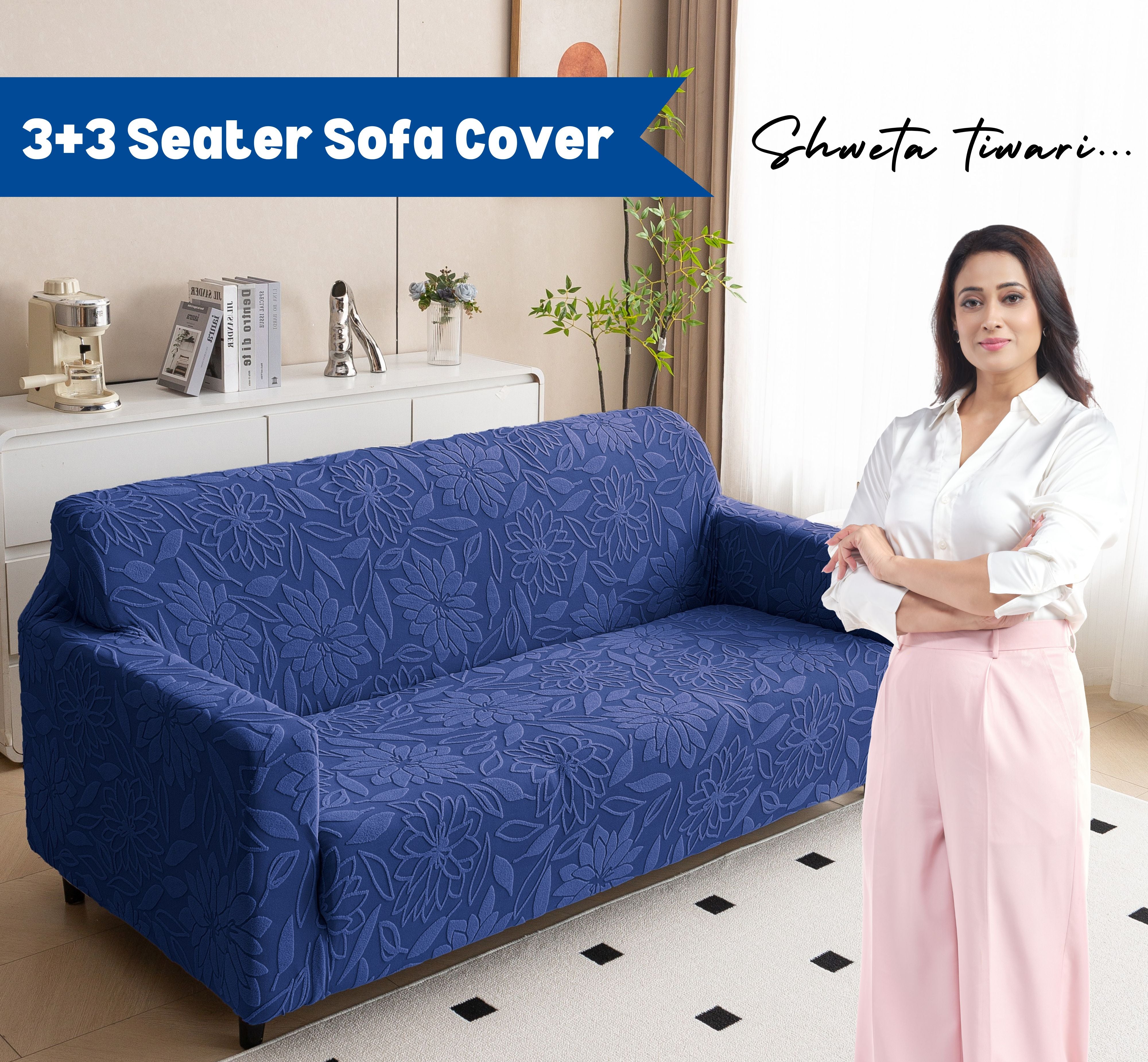 Premium 3+3 Seater Sofa Cover Set - Knitted Jacquard, Floral Textured Elastic Slipcovers (Navy Blue)