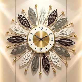 Metal Wall Clock for Home | Luxury 3D Leaf Design | Silent Sweep Movement | Big Decorative Wall Clock for Living Room, Bedroom & Hall | 60 cm Golden Designer Clock. (Star) Wall Clock