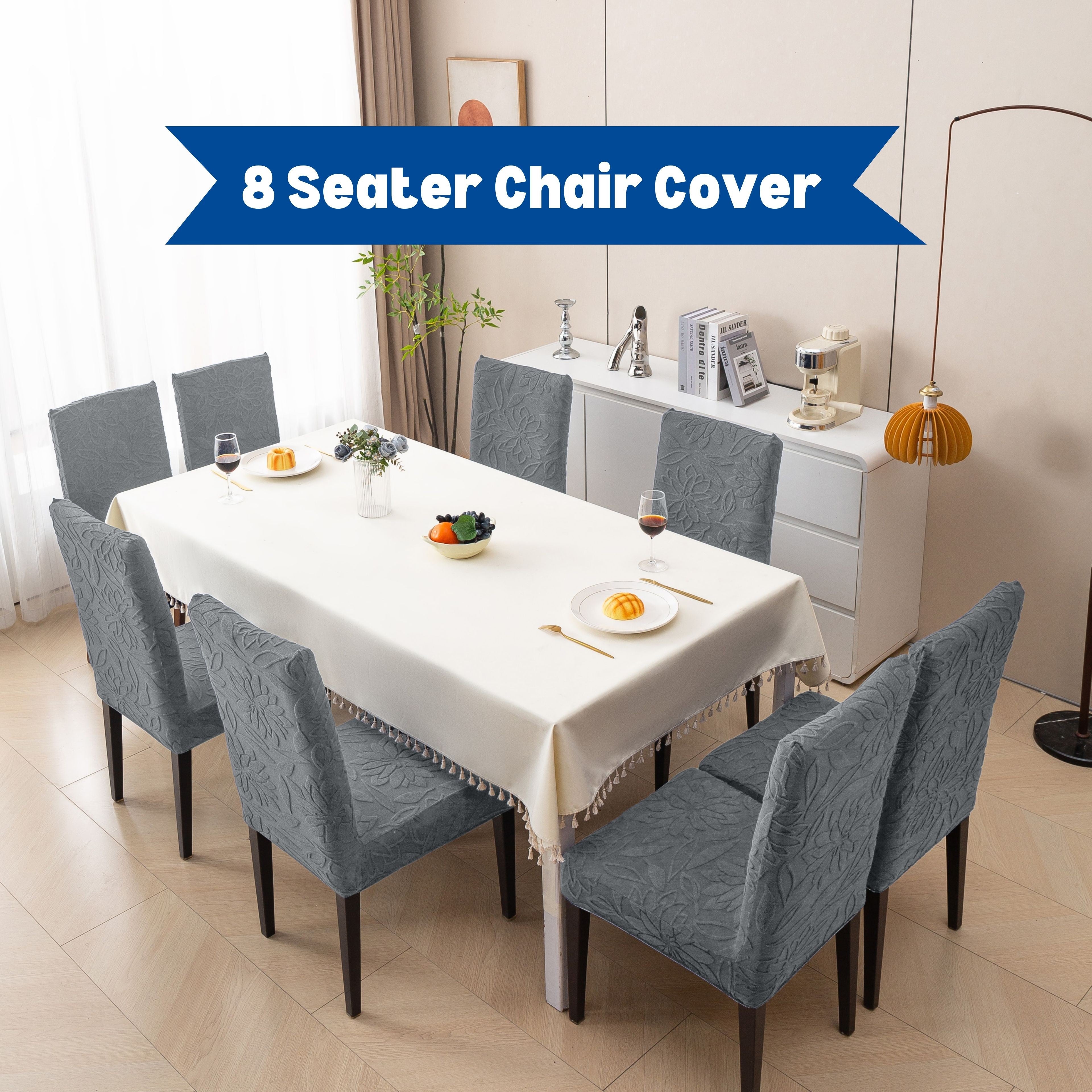 Premium 8 Seater Chair Cover Set - 220 GSM Knitted Jacquard, Floral Textured Elastic Slipcovers (Grey)