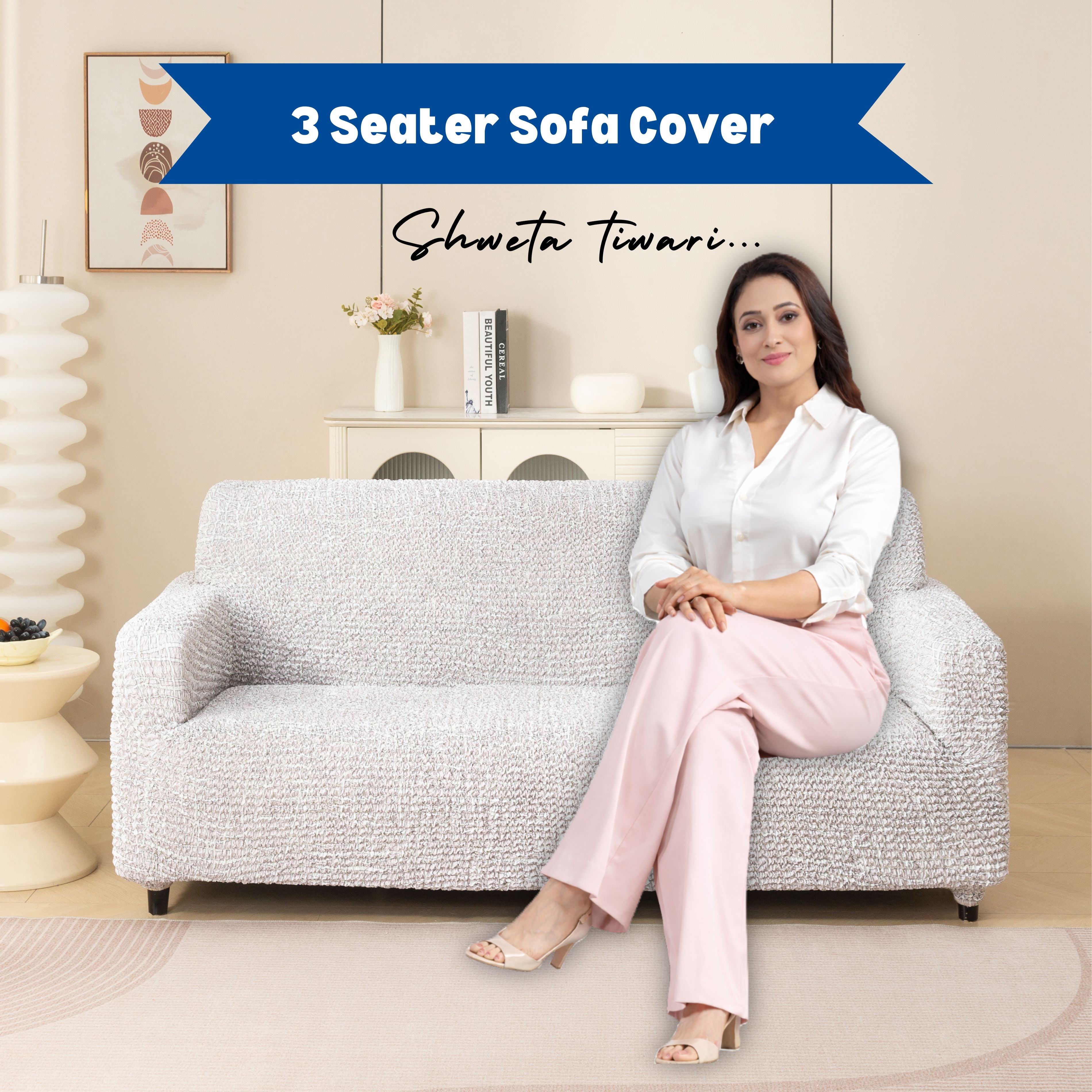 Premium 3 Seater Sofa Cover - Microfiber Stretchable Italian Textured Couch Slipcover (Cream)