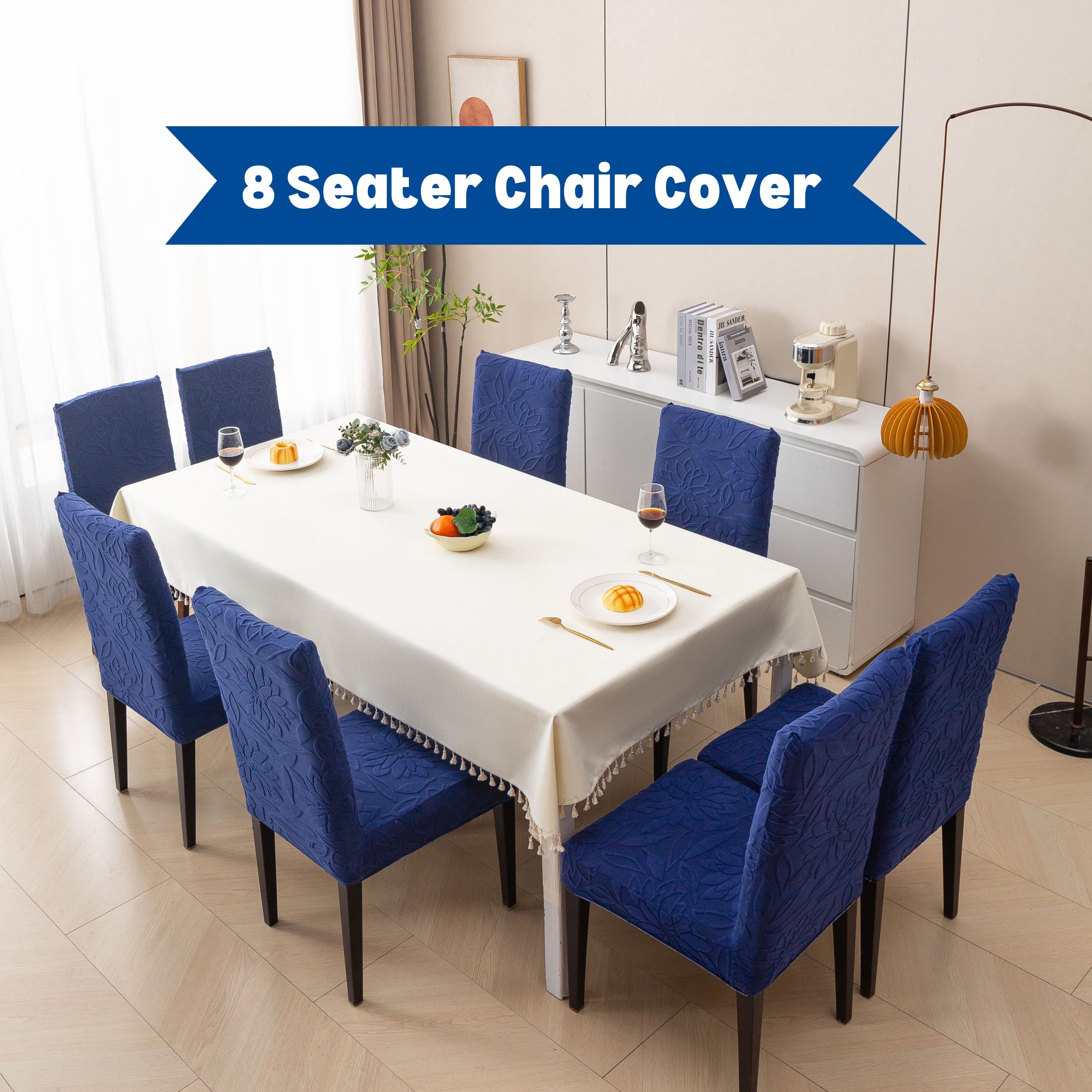 Premium 8 Seater Chair Cover Set - 220 GSM Knitted Jacquard, Floral Textured Elastic Slipcovers (Navy Blue)