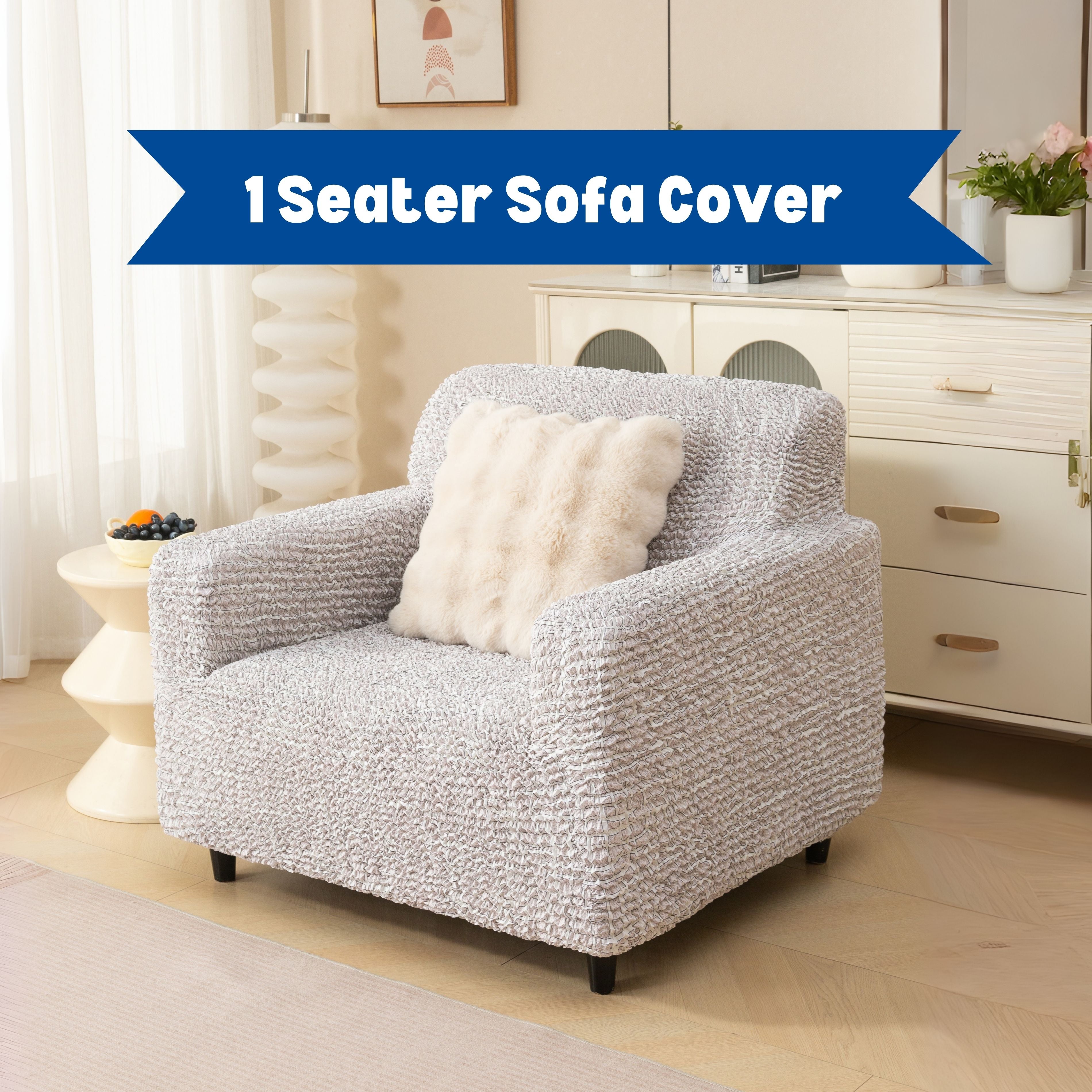 Premium 1 Seater Sofa Cover - Microfiber Stretchable Italian Textured Armchair Slipcover (Cream)