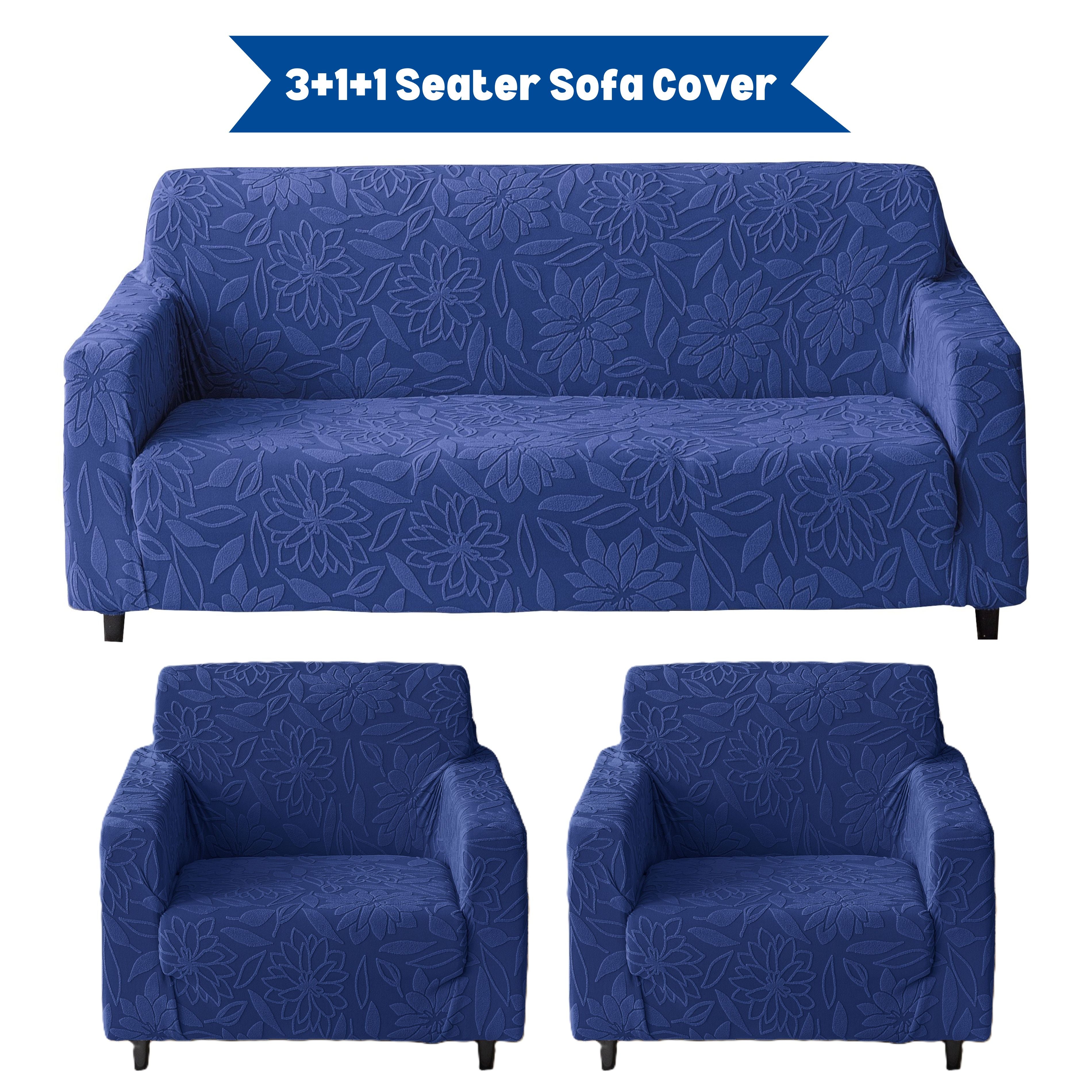 Premium 3+1+1 Seater Sofa Cover Set - Knitted Jacquard, Floral Textured Elastic Slipcovers (Navy Blue)