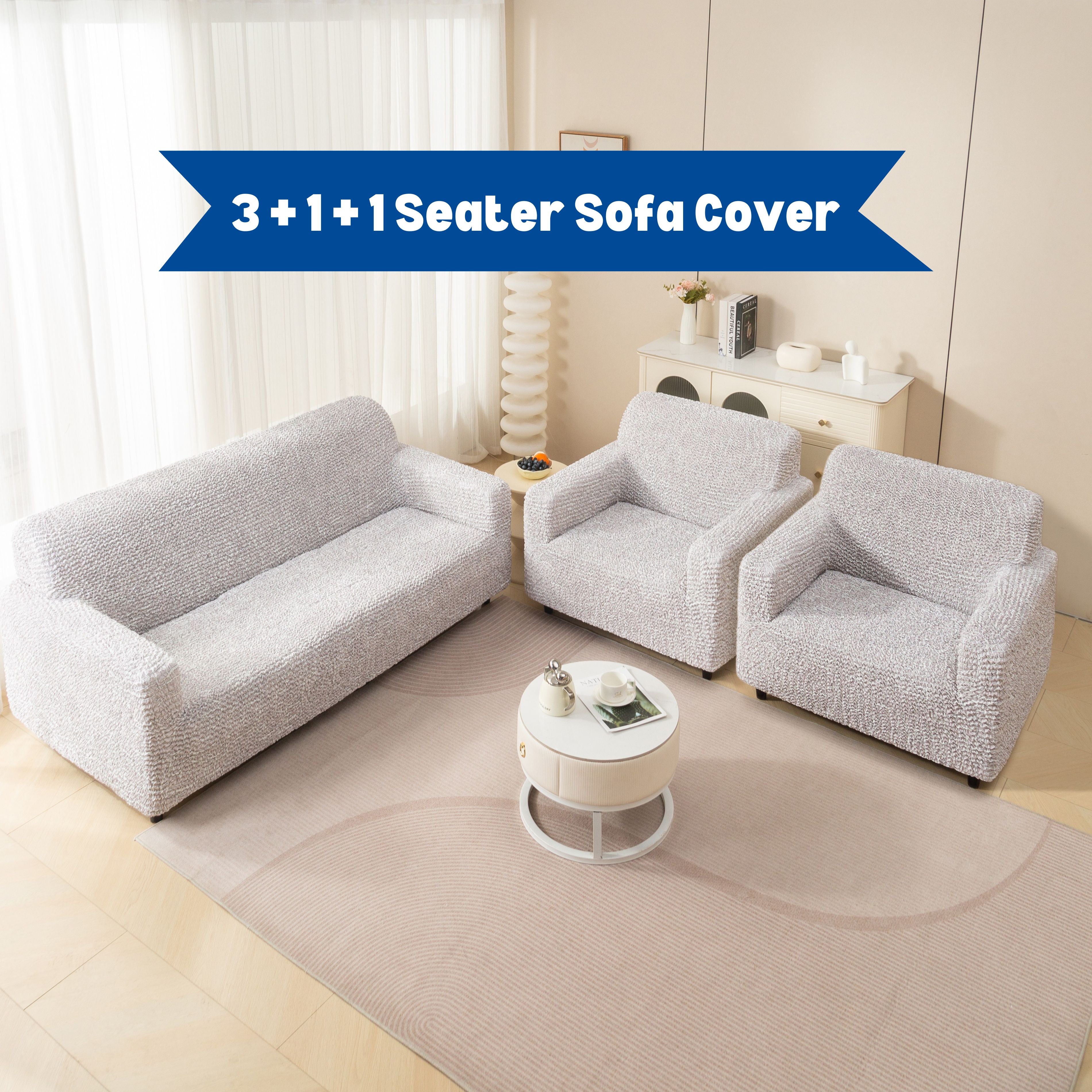 Premium 3+1+1 Seater Sofa Cover Set - Microfiber Stretchable Italian Textured Slipcovers (Cream)
