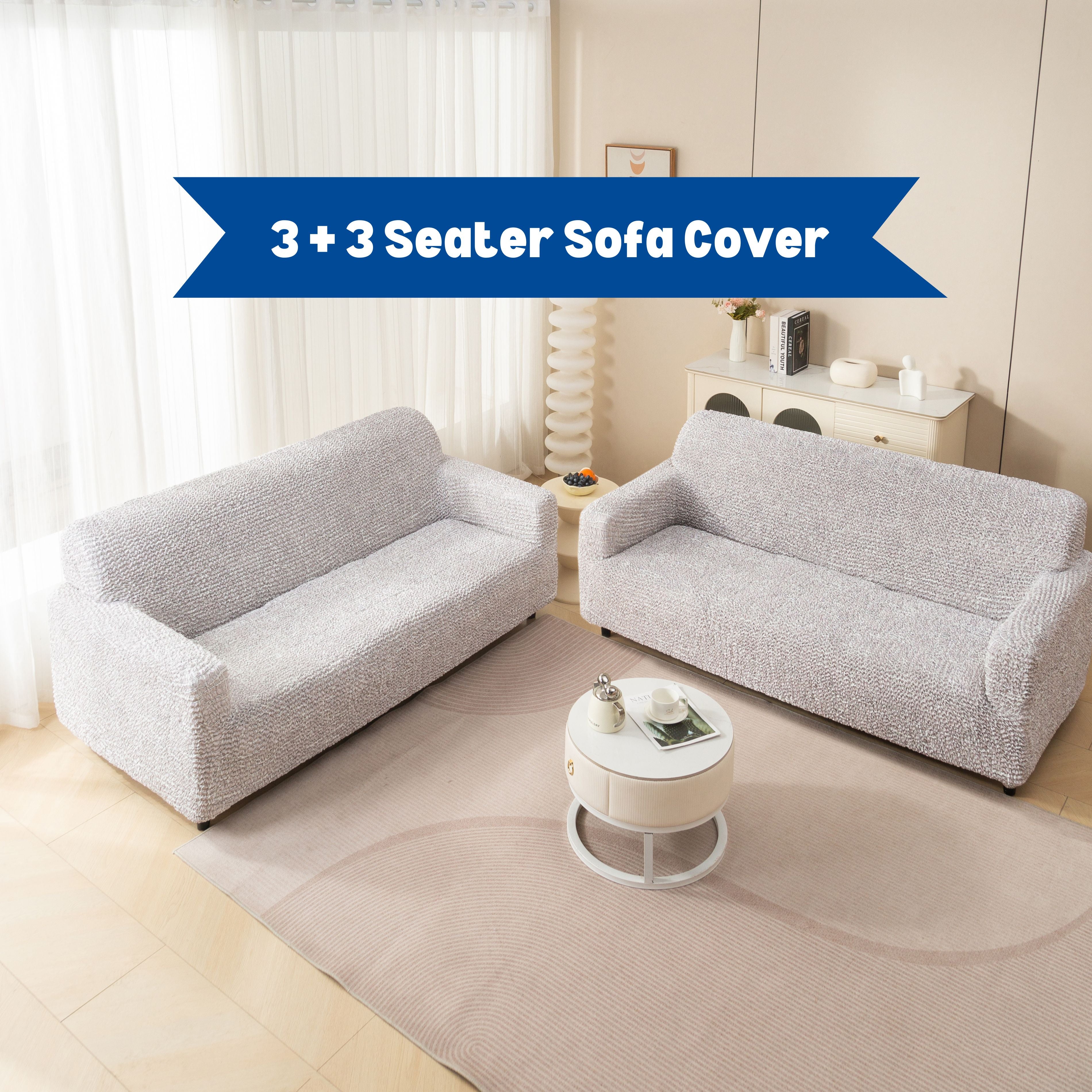 Premium 3+3 Seater Sofa Cover Set - Microfiber Stretchable Italian Textured Slipcovers (Cream)