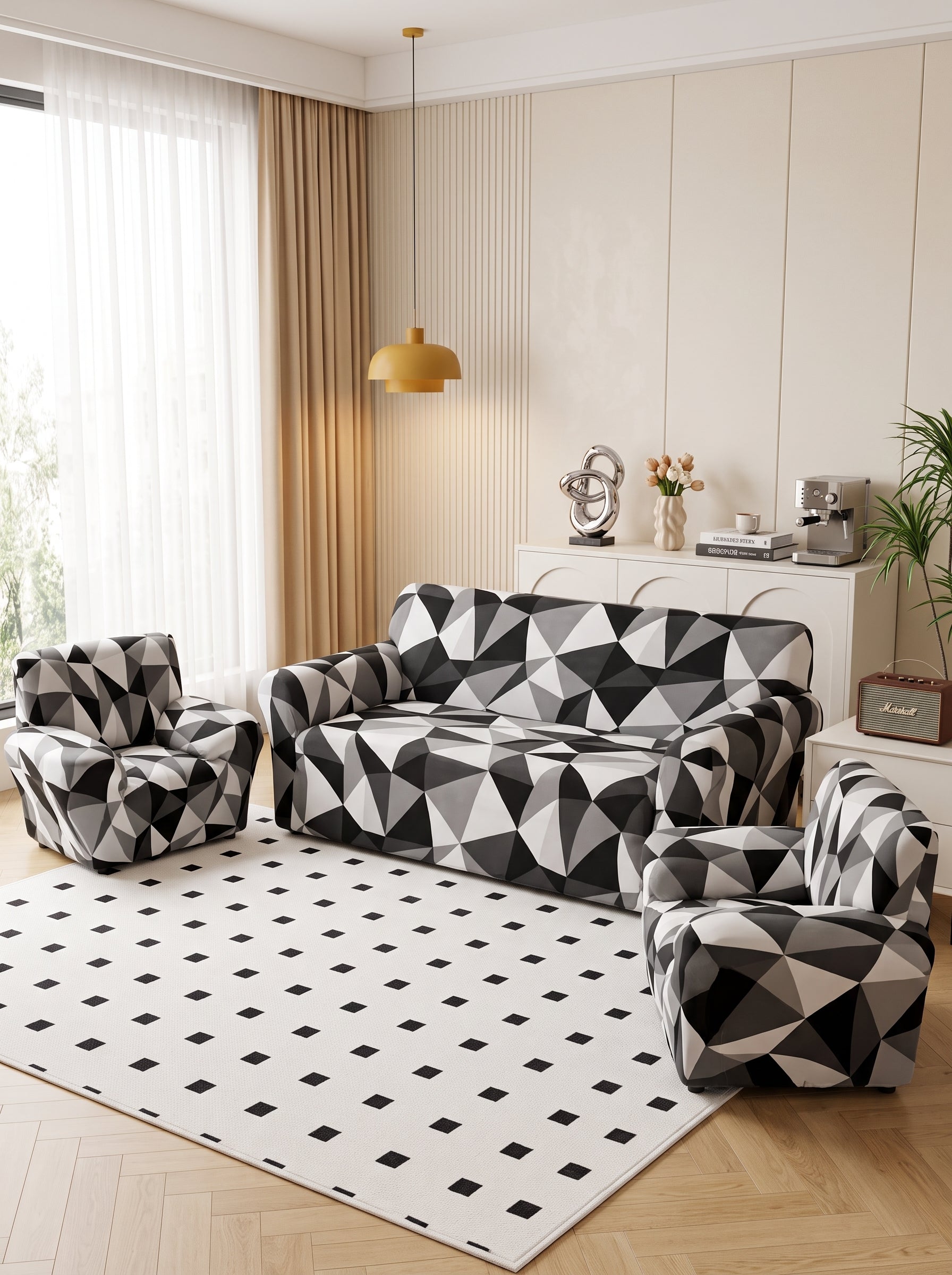 Black Prism Stretchable Sofa Cover Set – 3+1+1 Seater Elastic Slipcover, Anti-Slip Polyester Protector