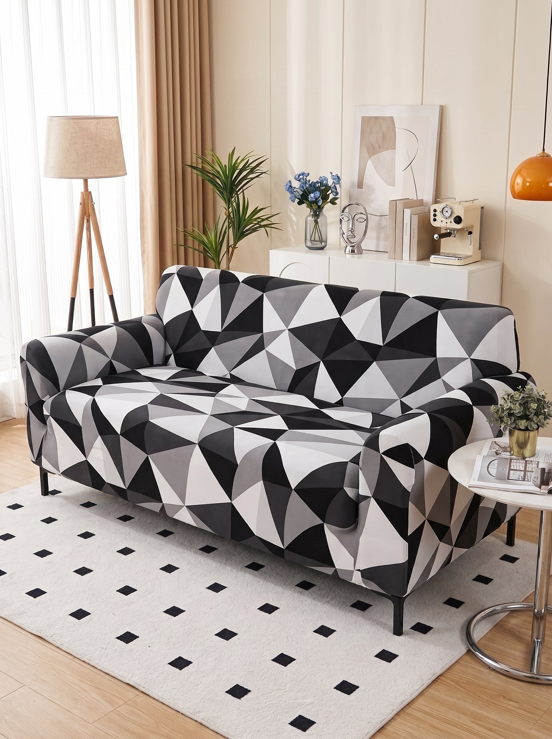 Black Prism Stretchable Sofa Cover 3 Seater Elastic Slipcover, Anti-Slip Polyester Protector