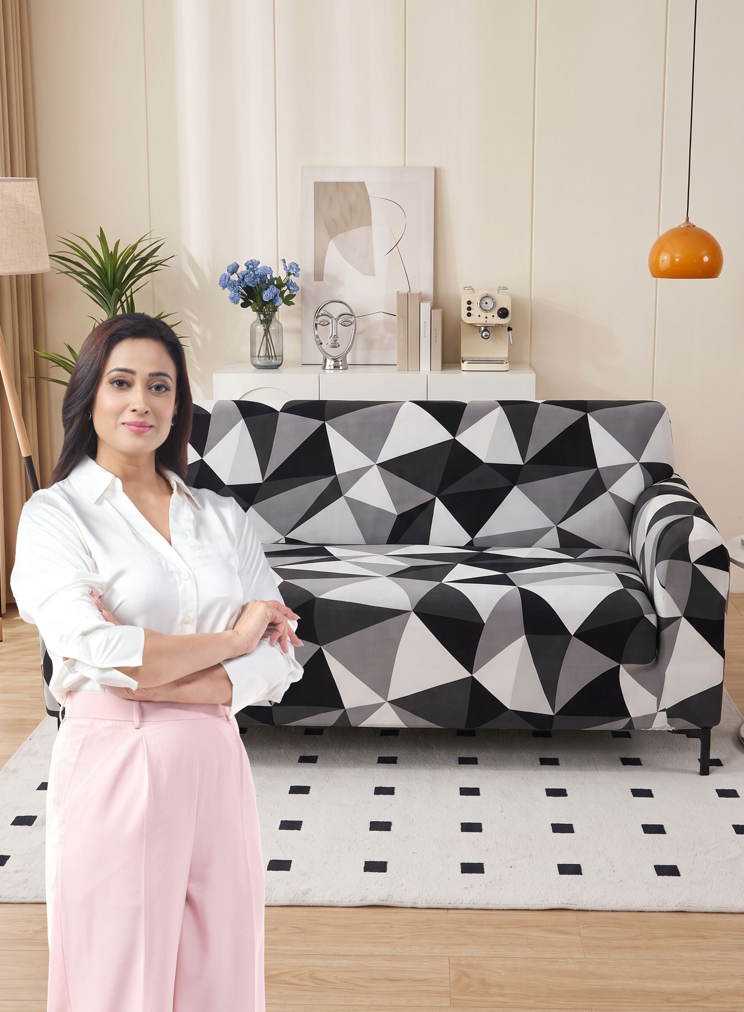 Black Prism Stretchable Sofa Cover – 3 Seater Elastic Slipcover, Anti-Slip Polyester Protector