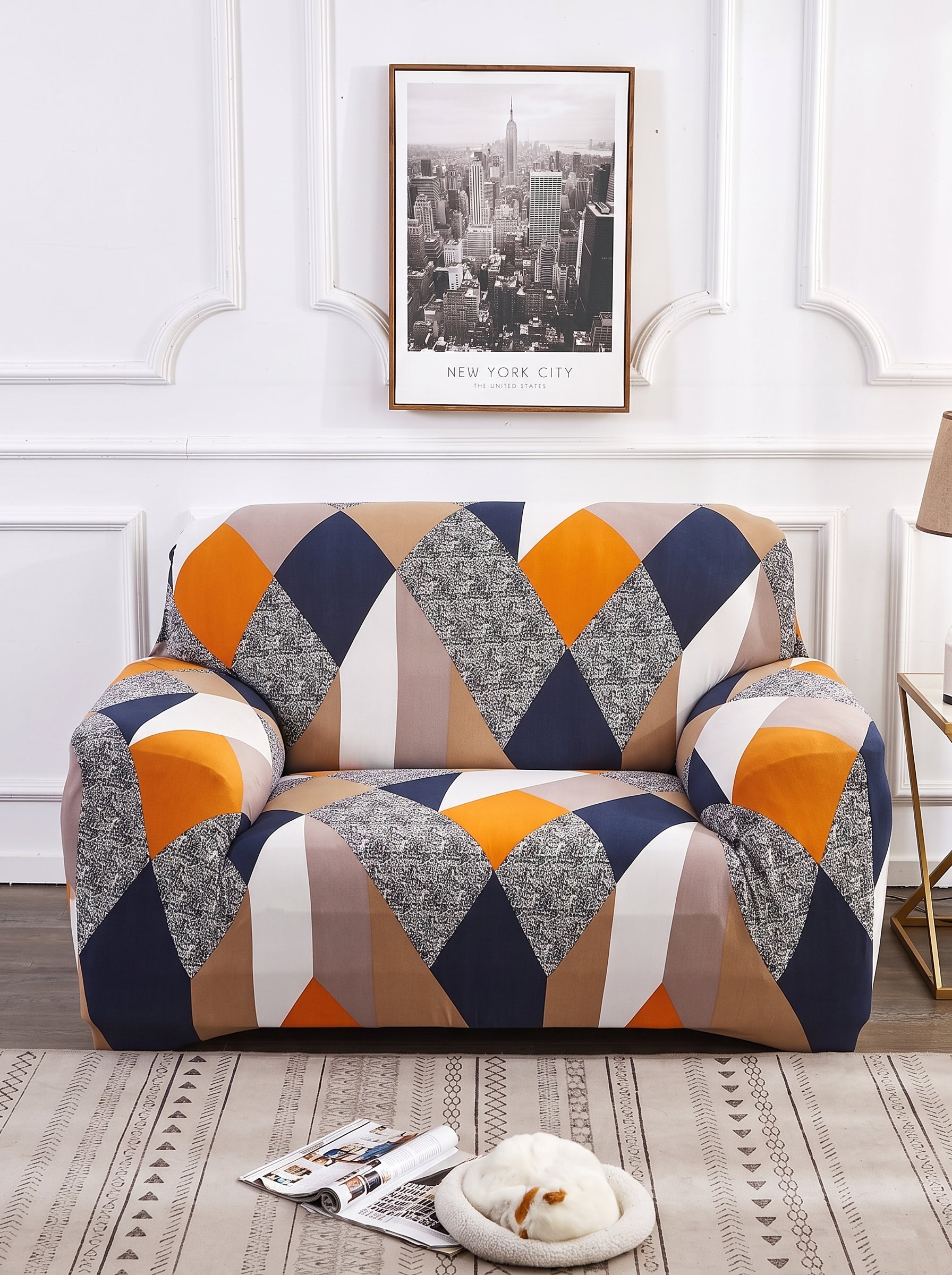 Blend Geometric Stretchable Sofa Cover Set – 3+1+1 Seater Elastic Slipcover, Anti-Slip Polyester Protector