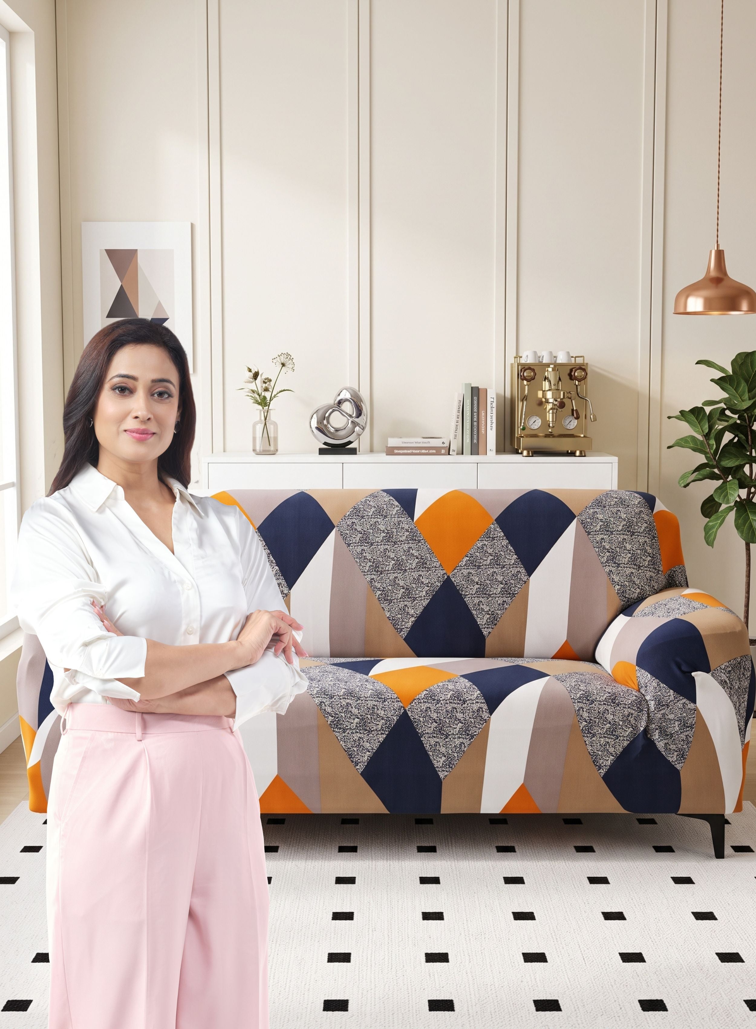 Blend Geometric Stretchable Sofa Cover Set – 3+1+1 Seater Elastic Slipcover, Anti-Slip Polyester Protector