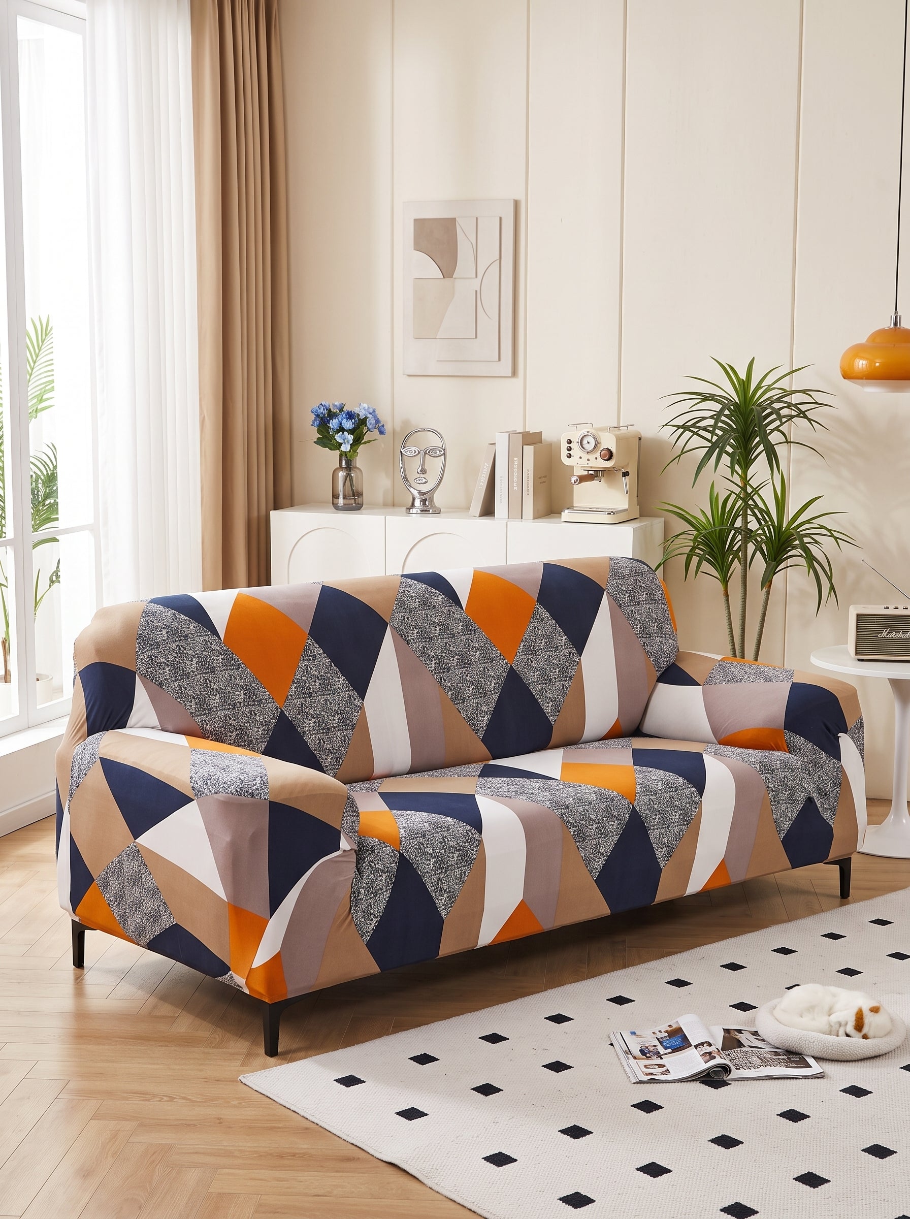 Blend Geometric Stretchable Sofa Cover – 3 Seater Elastic Slipcover, Anti-Slip Polyester Protector