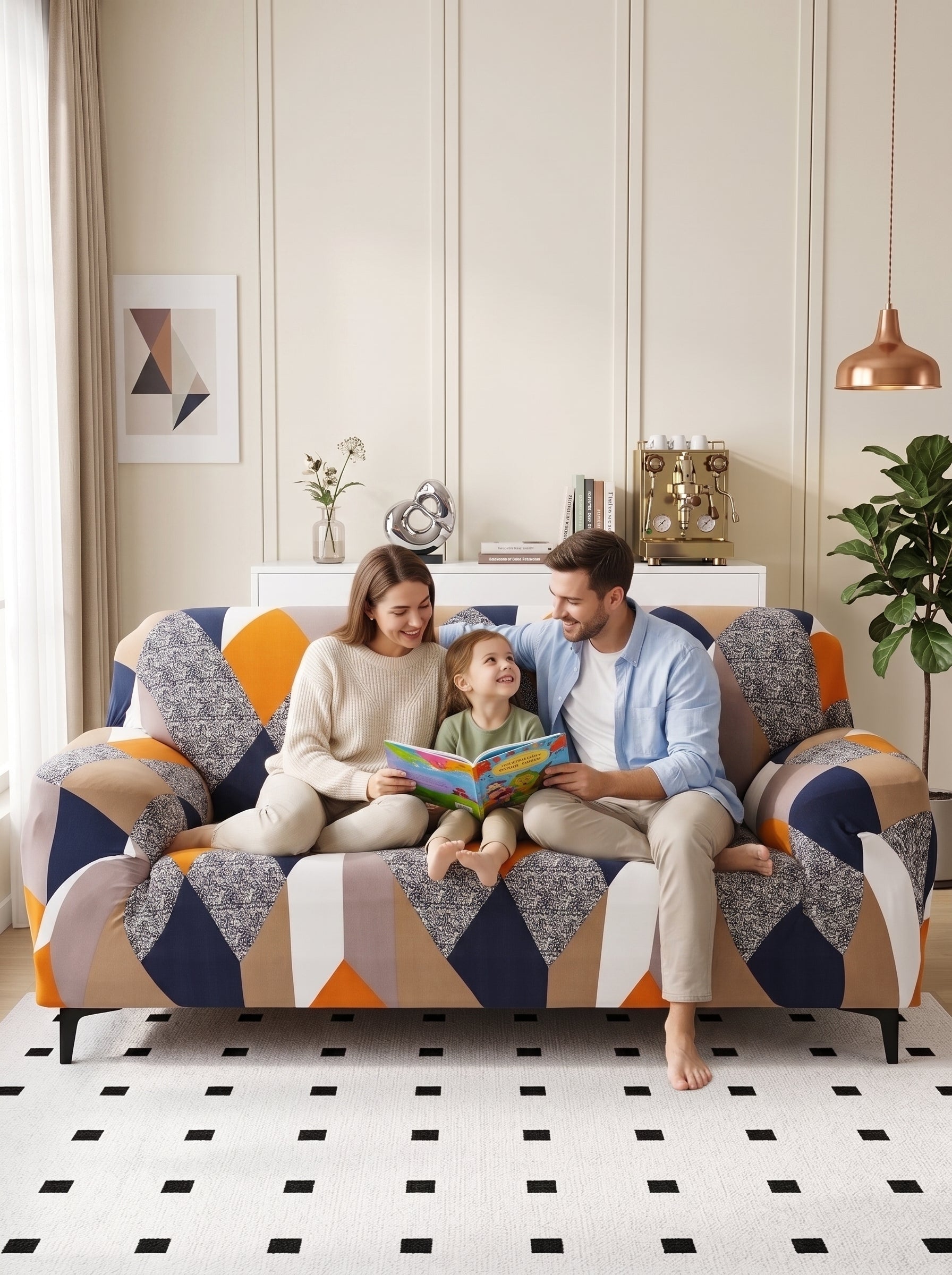 Blend Geometric Stretchable Sofa Cover – 3 Seater Elastic Slipcover, Anti-Slip Polyester Protector