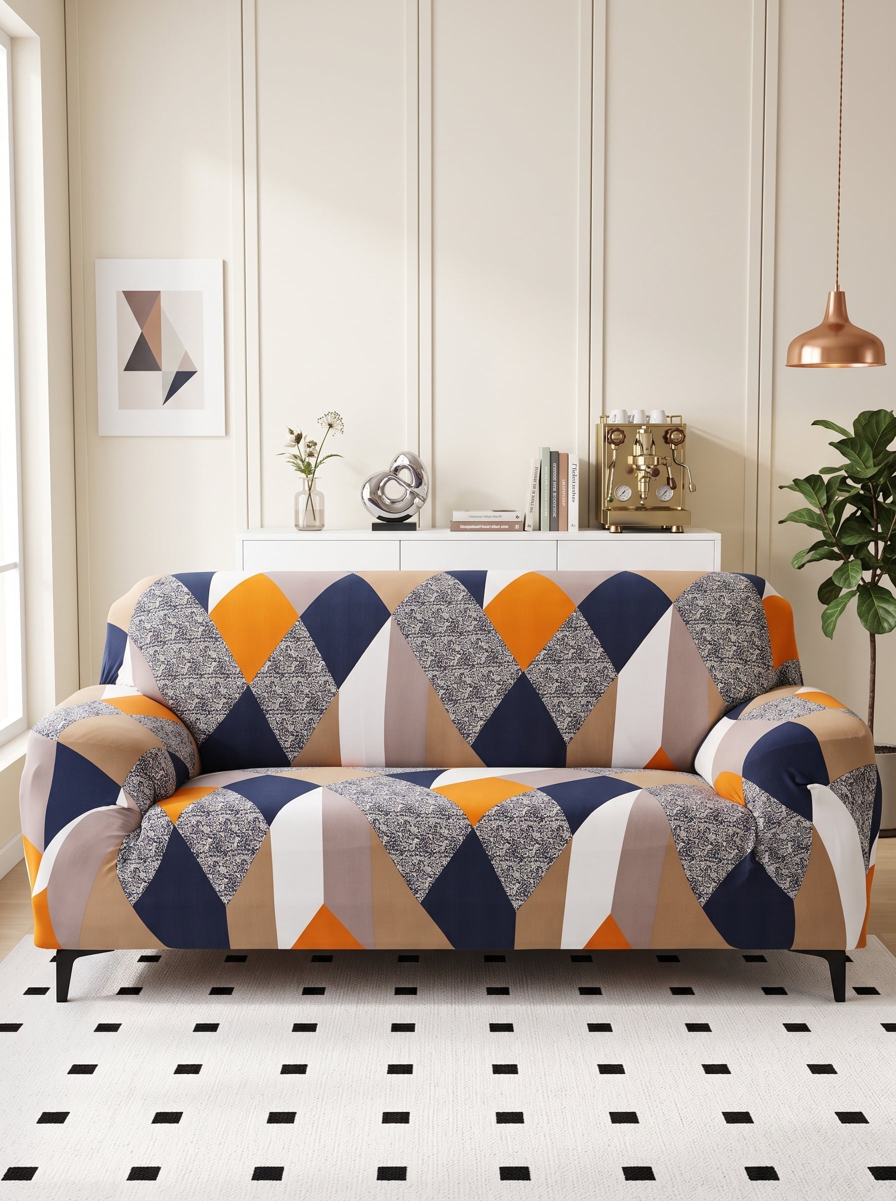 Blend Geometric Stretchable Sofa Cover – 3 Seater Elastic Slipcover, Anti-Slip Polyester Protector