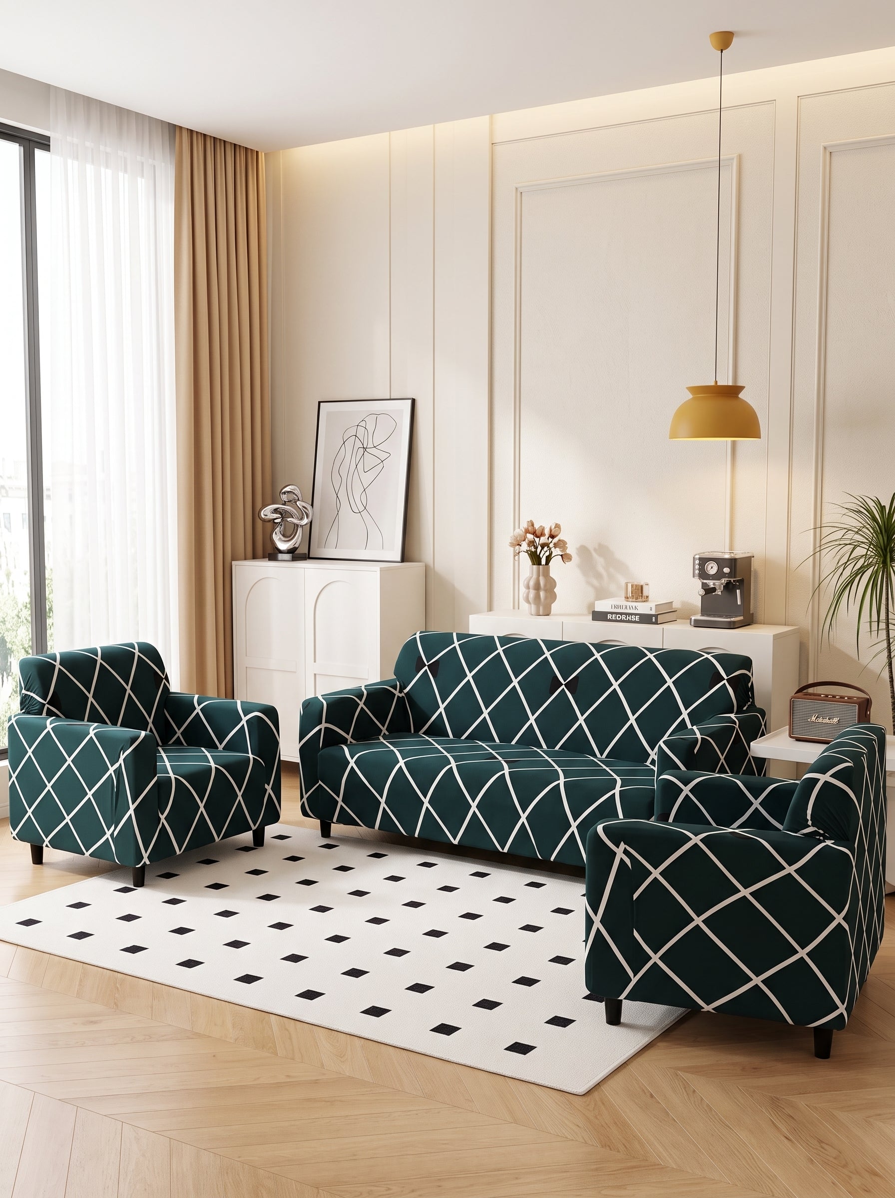 Blue Diamond Stretchable Sofa Cover Set – 3+1+1 Seater Elastic Slipcover, Anti-Slip Polyester Protector