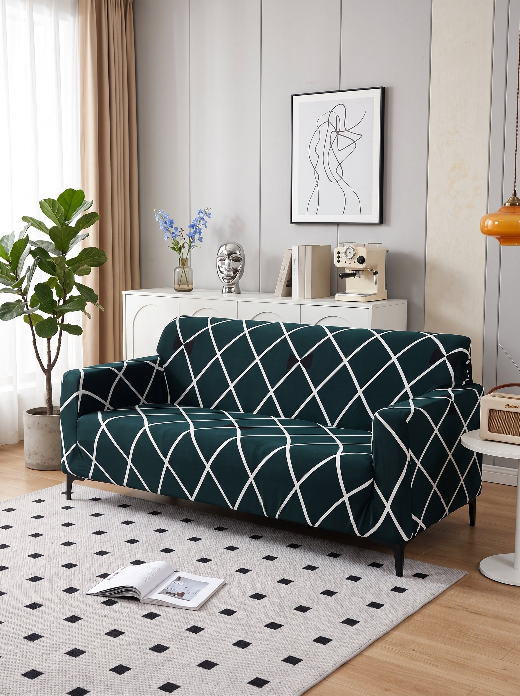 Blue Diamond Stretchable Sofa Cover – 3 Seater Elastic Slipcover, Anti-Slip Polyester Protector