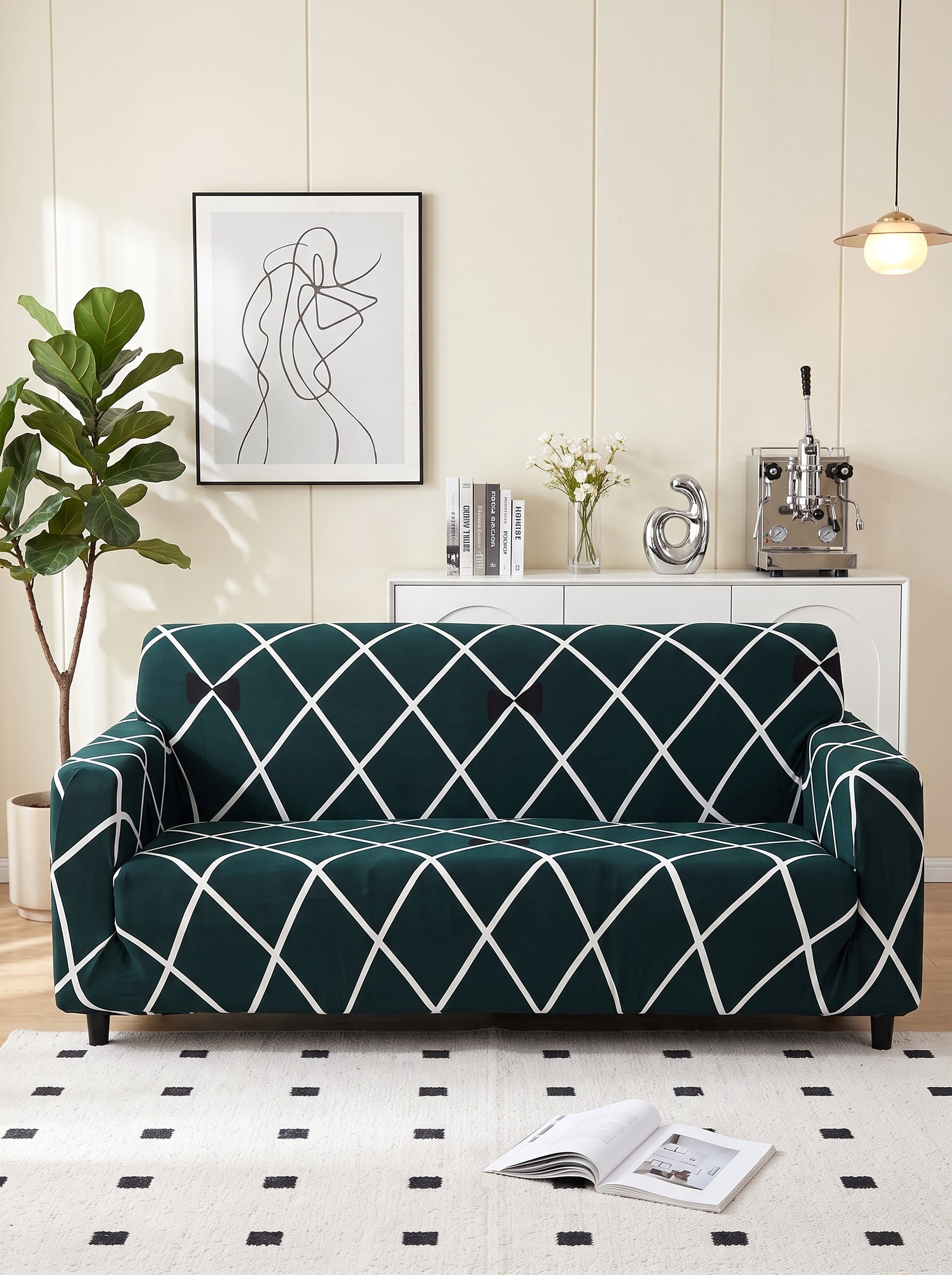 Blue Diamond Stretchable Sofa Cover – 3 Seater Elastic Slipcover, Anti-Slip Polyester Protector
