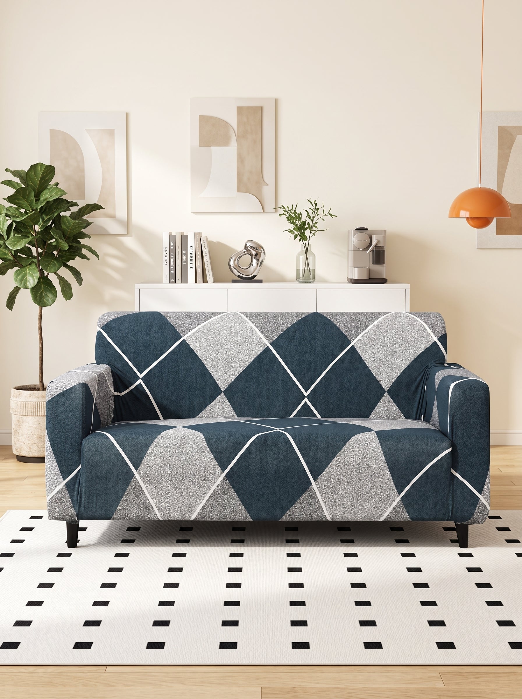 Blue Rhombus Stretchable Sofa Cover – 3+1+1 Seater Elastic Slipcover, Anti-Slip Polyester Protector