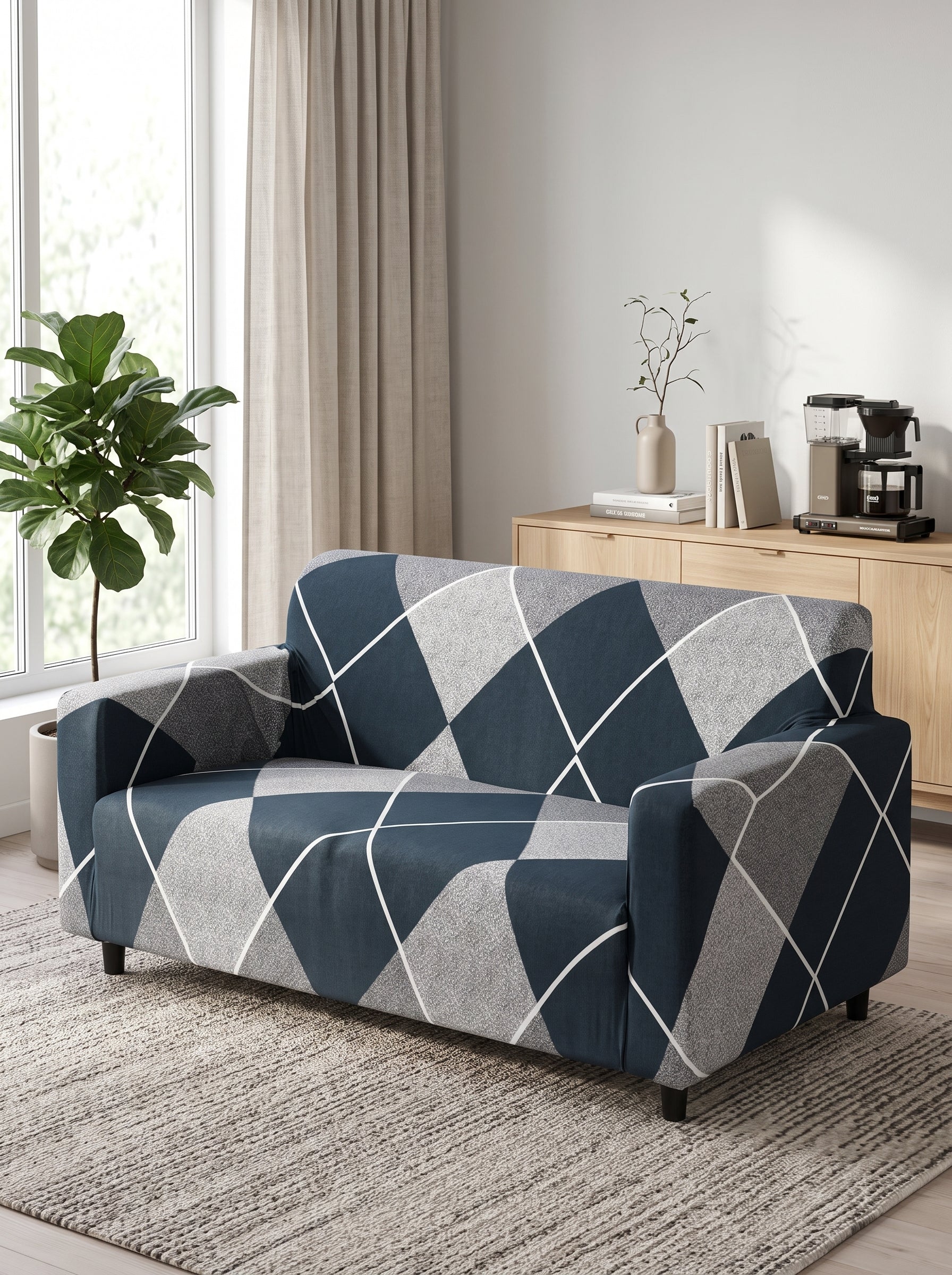 Blue Rhombus Stretchable Sofa Cover – 3+1+1 Seater Elastic Slipcover, Anti-Slip Polyester Protector