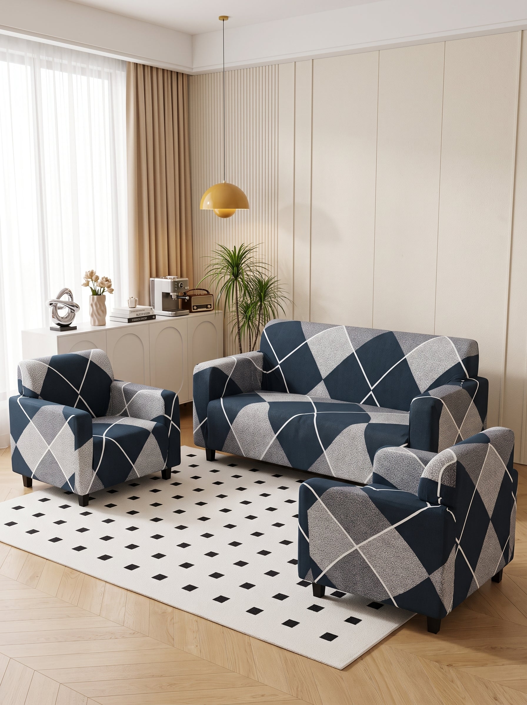 Blue Rhombus Stretchable Sofa Cover – 3+1+1 Seater Elastic Slipcover, Anti-Slip Polyester Protector