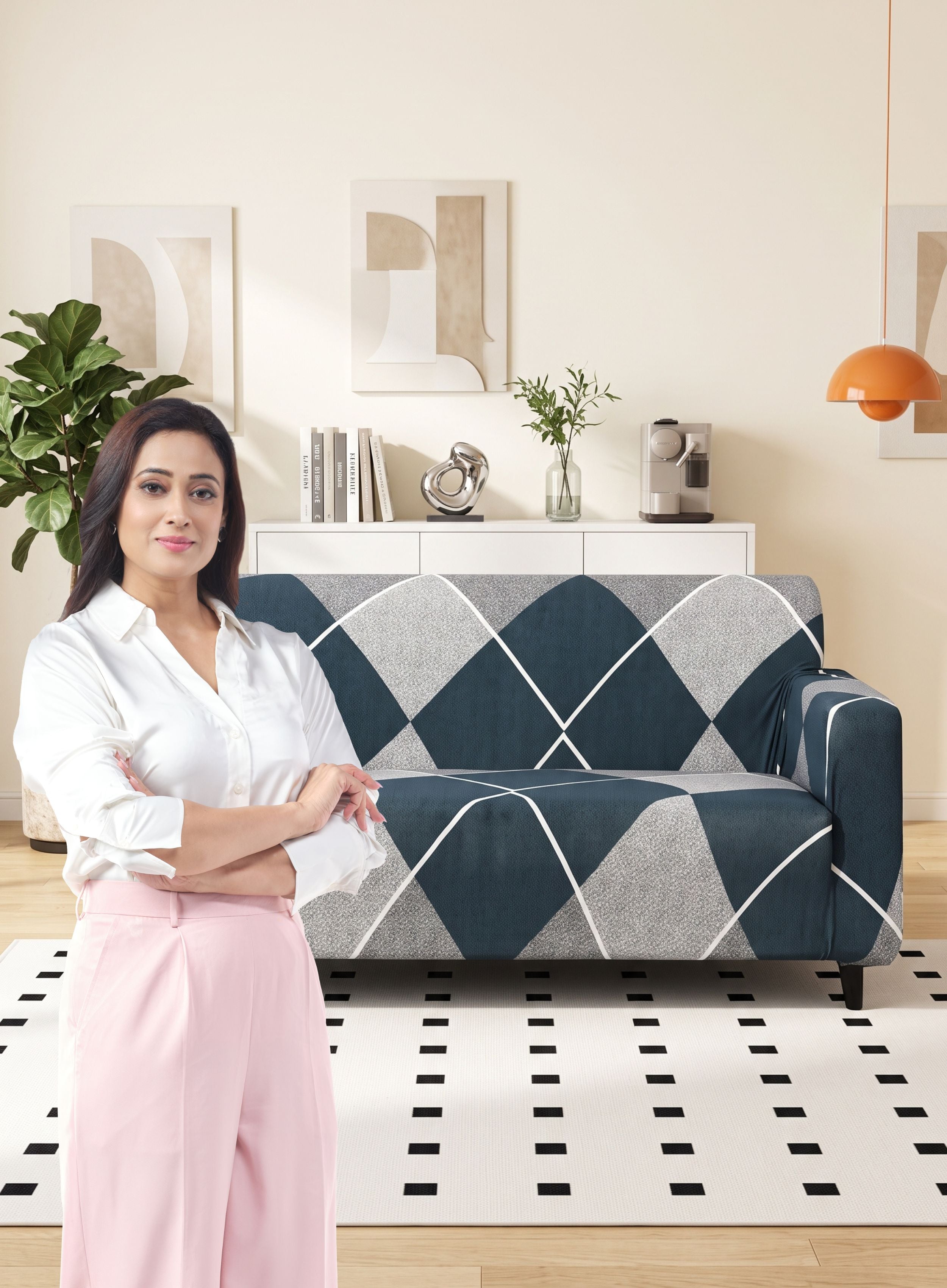Blue Rhombus Stretchable Sofa Cover – 3+1+1 Seater Elastic Slipcover, Anti-Slip Polyester Protector